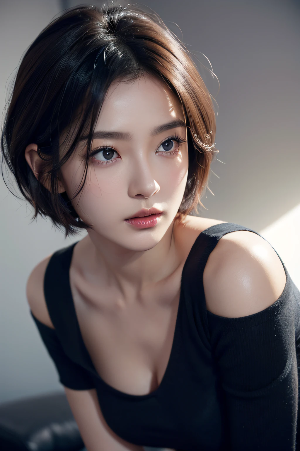 Skin Tight Black Top:1.2, Looking at Viewer, Cinematic lighting, Perfect, softlight, High resolution skin:1.2, Realistic skin texture,30 years old mature woman、 Realistic face, off shoulders, Exposed cleavage,natural make up、 Detailed red eyes、 Short hair, dark brown  hair、a small face、Bust B Cup