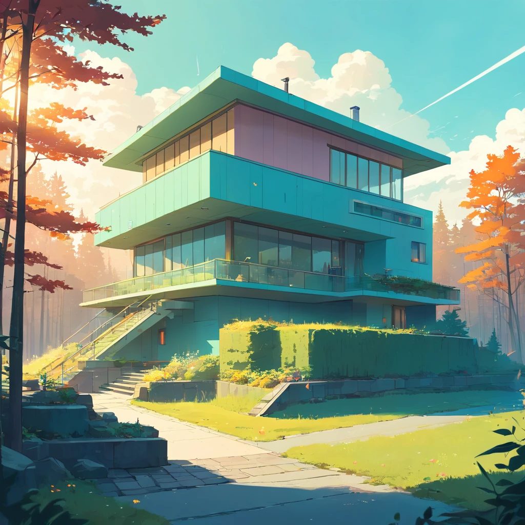 (((An amazing house))), (minimalism and brutalism style influence), ((Frank Lloyd Wright falling water)),(((with terraces))), (beautiful gardens), ((lake)), waterfall ((top of a small hill)), (in edge of a river), sunset, big, deep and beautiful clouds, illustration format, cool and warm color palette, high contrast, hard shadows (Masterpiece, highest quality), (Exquisite lighting and shadow, highly dramatic picture, Cinematic lens effect), (((Simon Stålenhag visual style))) 2 store house, big panorama windows, 200 square meter house, First store and second store are not on top of each other, offset, avantgard, future, flat roof, architecture inspired by Zaha Hadid, trees in the garden