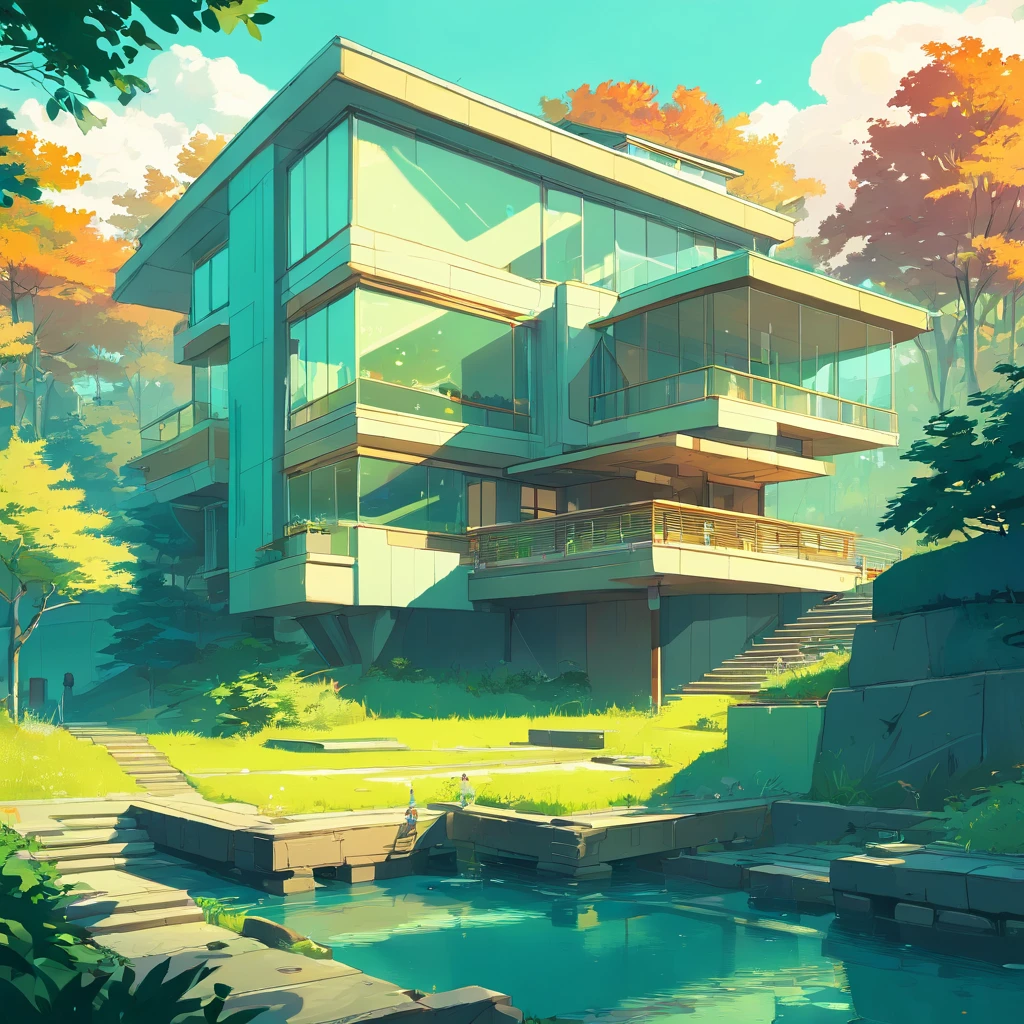 (((An amazing house))), (minimalism and brutalism style influence), ((Frank Lloyd Wright falling water)),(((with terraces))), (beautiful gardens), ((lake)), waterfall ((top of a small hill)), (in edge of a river), sunset, big, deep and beautiful clouds, illustration format, cool and warm color palette, high contrast, hard shadows (Masterpiece, highest quality), (Exquisite lighting and shadow, highly dramatic picture, Cinematic lens effect), (((Simon Stålenhag visual style))) 2 store house, big panorama windows, 200 square meter house, First store and second store are not on top of each other, offset, avantgard, future, flat roof, architecture inspired by Zaha Hadid, trees in the garden