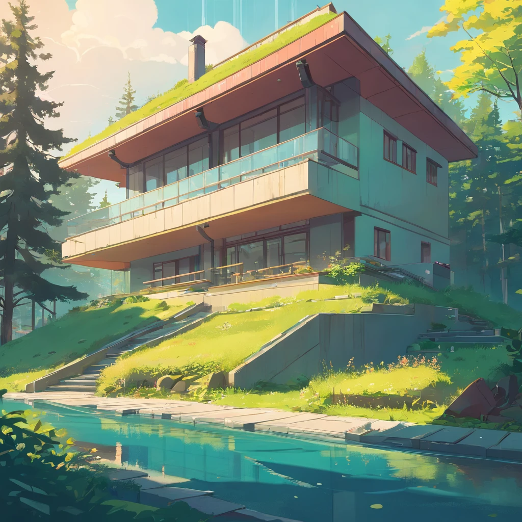 (((An amazing house))), (minimalism and brutalism style influence), ((Frank Lloyd Wright falling water)),(((with terraces))), (beautiful gardens), ((lake)), waterfall ((top of a small hill)), (in edge of a river), sunset, big, deep and beautiful clouds, illustration format, cool and warm color palette, high contrast, hard shadows (Masterpiece, highest quality), (Exquisite lighting and shadow, highly dramatic picture, Cinematic lens effect), (((Simon Stålenhag visual style))) 2 store house, big panorama windows, 200 square meter house, First store and second store are not on top of each other, offset, avantgard, future, flat roof, architecture inspired by Zaha Hadid, trees in the garden