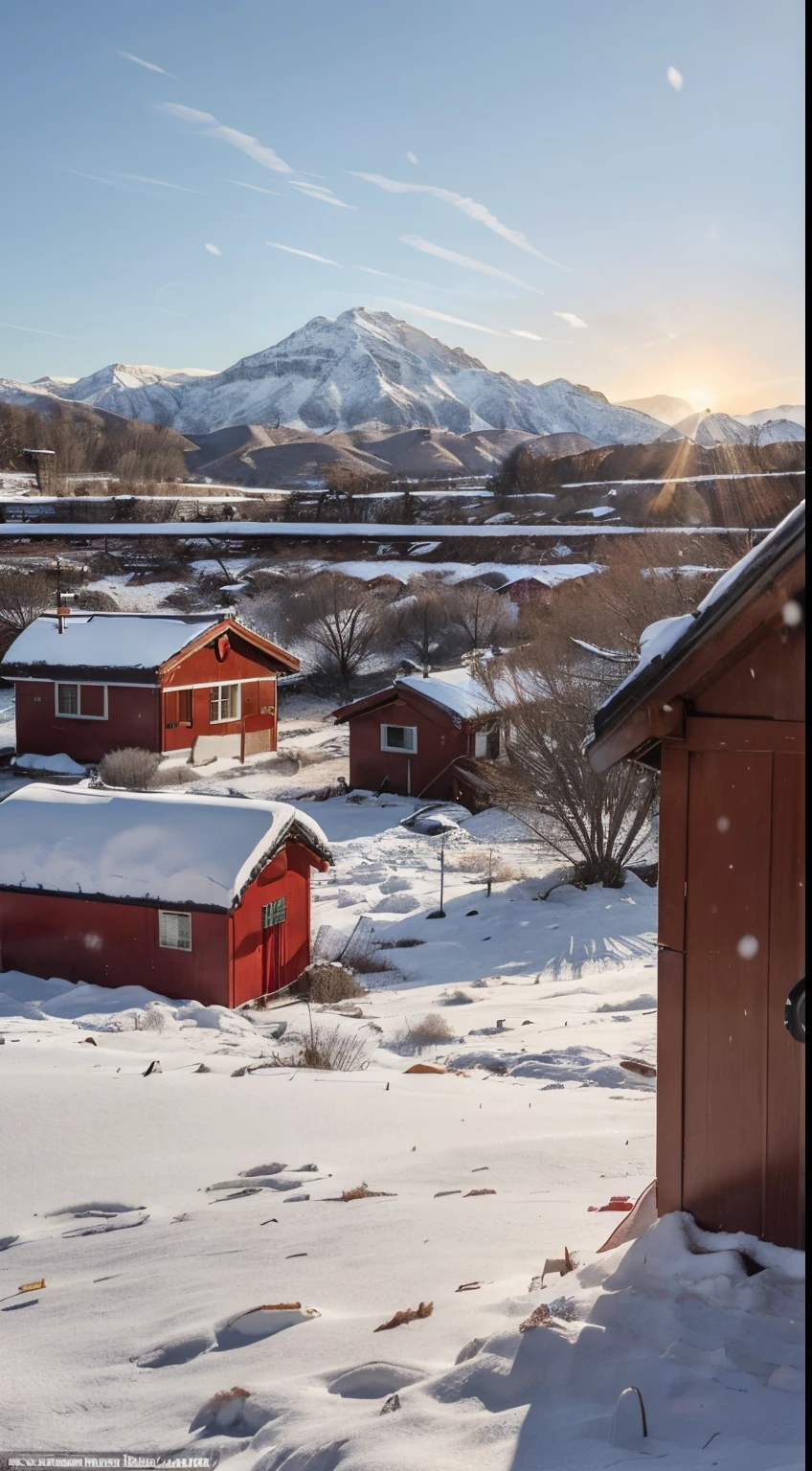 (Best quality at best, tmasterpiece),(at winter season,The morning sun is very weak,The red hut stands out in the snow,Persimmon tree behind the house,Red persimmon hanging on the book,The mountains in the distance are looming in the wind and snow)