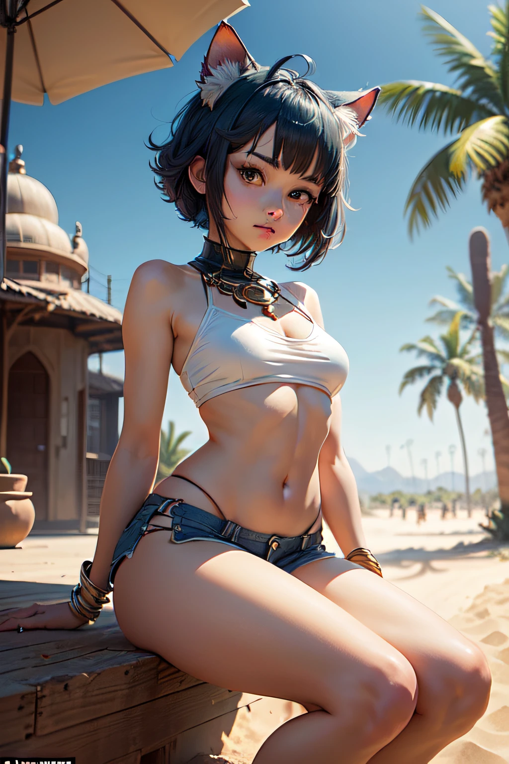 (((professional: step by step, considering even the smallest detail god level final result))): "perfect body, slim build, full body view, masterpiece, best quality, ultra detailed, anime style, Epic lighting, cinematic composition, super (ankha: animal crossing), cat tail, cat ears, short blue hair, bangs, medium tits, Super tight white miniskirt, sitting (from below :1.1), cowboy shot, expressionless, (looking at viewer: 1.1), professional temptress, seductive pose, outdoors, desert, sand, oasis, palm trees, river"