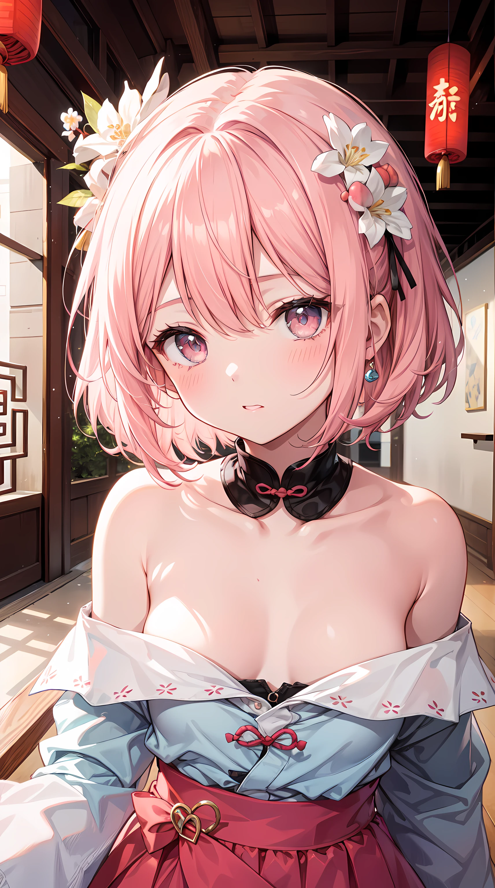 Fashion trendy beautiful charming woman, gentle and charming Chinese beautiful woman, delicate and sexy collarbones, Charming goose egg face, 二重まぶた, Clever peach blossom eyes, redish pink lips, small-nose, exposed bare shoulders, Focus on the face, closeup of face, hyper HD, ultra-detailliert, White off-shoulder shirt and light blue slit skirt perfectly echo, fresh and impressive