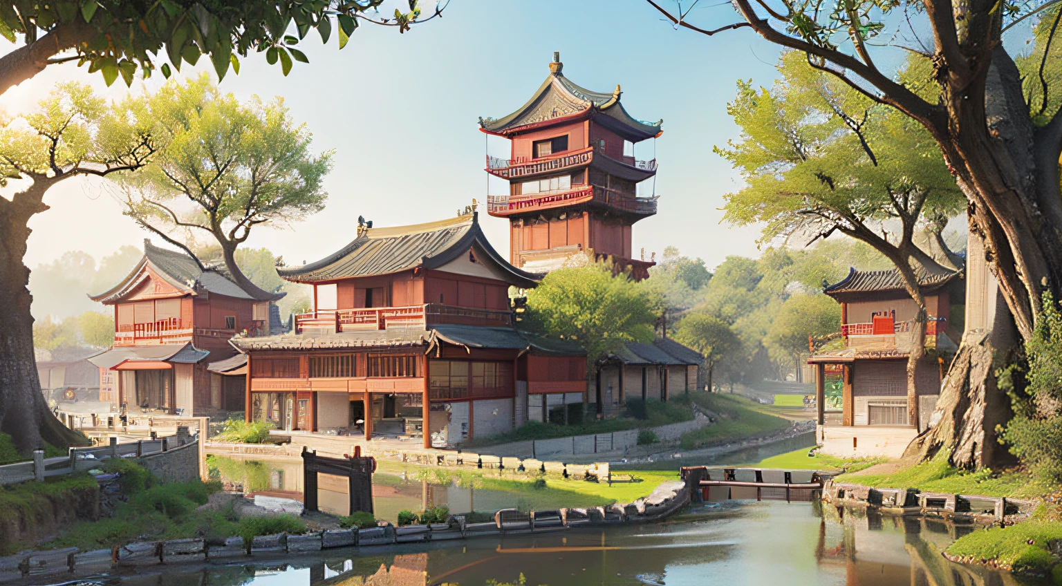 Plum trees, Chinese town streets, Chinese millennium ancient streets, lakes, fields