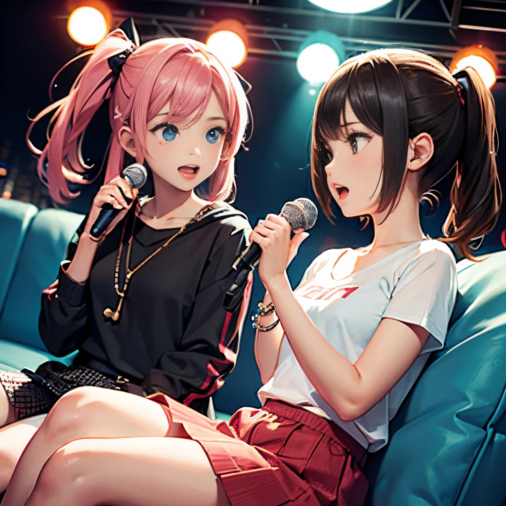 Two girls are sitting next to each other, holding microphones and singing karaoke.,Both are super cute,Two types: boyish type and girly type,Accurately depicted faces,singing happily,Their fashion is both boyish and girly.,tre anatomically correct,perfectly proportions,Precise fingers,Close up and intertwine your fingers,sitting on the sofa in the karaoke box,​masterpiece,hiquality,