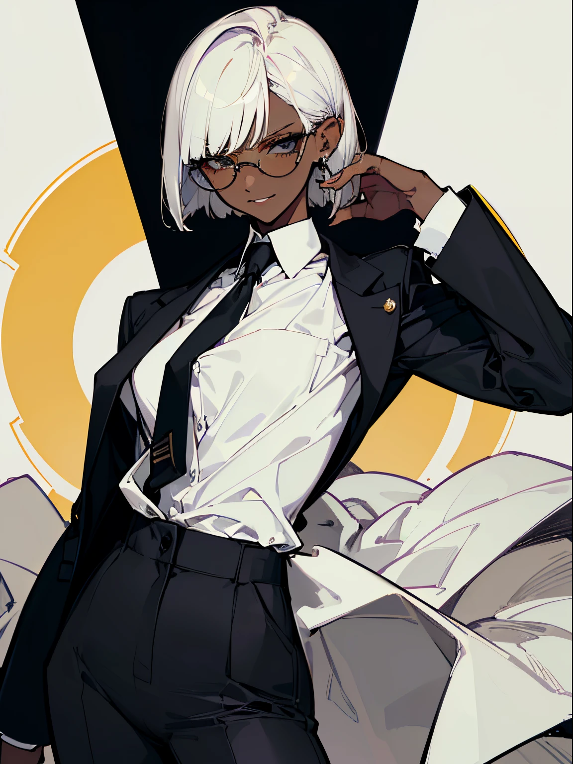 (top-quality、​masterpiece:1.2) 1womanl、Adults、((dark skinned female、long white short hair、Hair hanging over the ears)) golden eye、eye glasses、((Business suits、Black tailored jacket、white  shirt、Black pantsuit)) (office backdrop) (Vicious look、Vulgar smile)