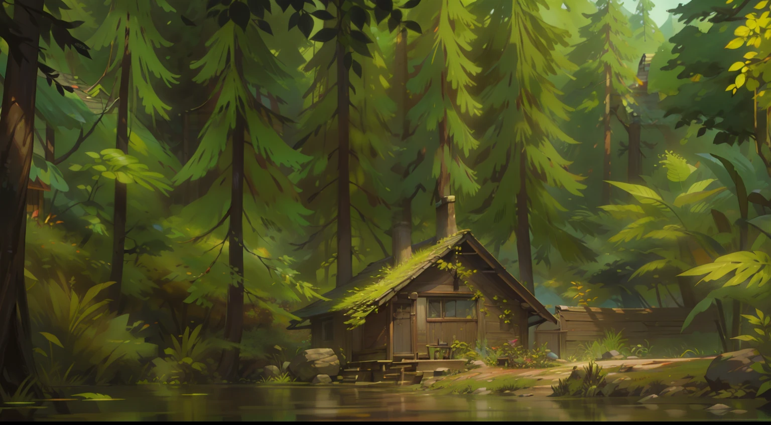 There is a house in the small forest and a big tree, comic book, comic drawing, digital art style, 8k resolution.