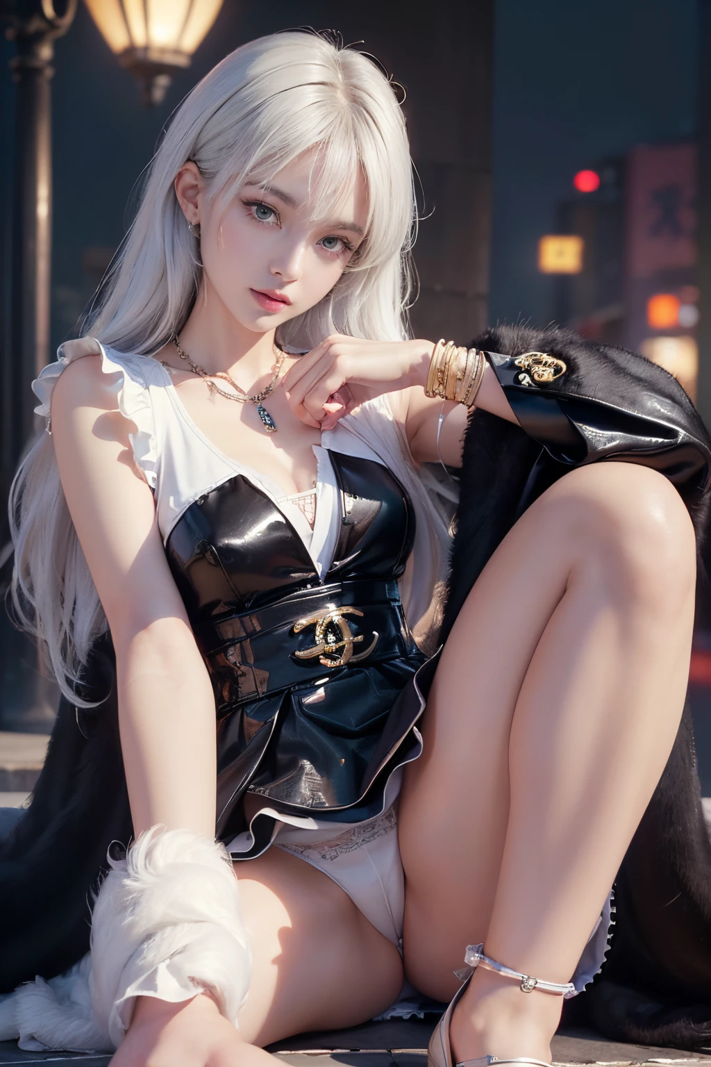 Portrait photo of a girl, Photorealistic, High resolution, 1 Women, Solo, waist-up, Beautiful eyes, Close lips, Detailed face, White hair, Long hair, Collared shirt, black necktie,Black skirt, pencil skirts, Fur coat, Stockings、(Woman lying with head up on a fur bed）Full Body Angle、(in 8K、Raw photography、Highest Quality、realisitic、Photorealsitic、Professional Lighting、​masterpiece、Extremely delicate and beautiful、Highly detailed、finely detail、ultra-detailliert、hight resolution、beautiful and detailed face、Textured skin、full-shot:2、low angles:1.5)、1girl in、Alone:2、Beautiful model sitting alone with her crotch open、Beautiful face:2、Open your legs 120 degrees:2、Open your crotch:2、M-shaped legs、short shiny skirt、Wet white panties:1.5、Pubic hair sticking out of panties、The shape of the woman's pubic area is clearly visible、no panty、White Blazer、Long body、Hostess、22year old、Good posture、Straight spine、Brown hair、White high heels、anklets、gyuru、a necklace、A bracelet、ear ornament、Chanel Accessories、Stairs at Shinjuku Station at night