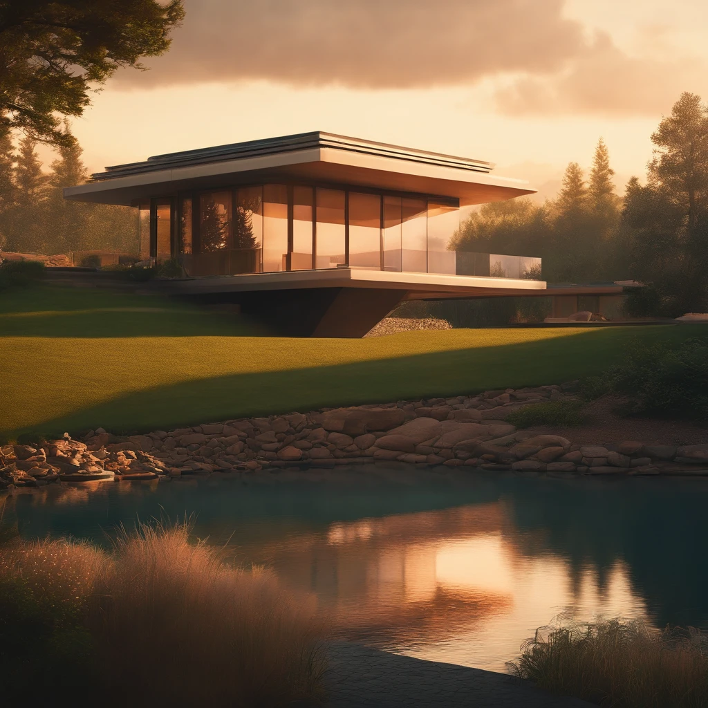 (((An amazing house))), (minimalism and brutalism style influence), ((Frank Lloyd Wright falling water)),(((with terraces))), (beautiful gardens), ((lake)), waterfall ((top of a small hill)), (in edge of a river), sunset, big, deep and beautiful clouds, illustration format, cool and warm color palette, high contrast, hard shadows (Masterpiece, highest quality), (Exquisite lighting and shadow, highly dramatic picture, Cinematic lens effect), (((Simon Stålenhag visual style))) 2 store house, big panorama windows, 200 square meter house, First store and second store are not on top of each other, offset, avantgard, future, flat roof, architecture inspired by Zaha Hadid, trees in the garden