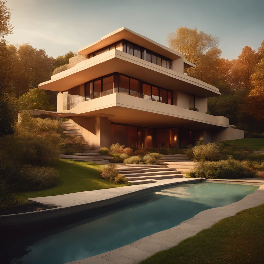 (((An amazing house))), (minimalism and brutalism style influence), ((Frank Lloyd Wright falling water)),(((with terraces))), (beautiful gardens), ((lake)), waterfall ((top of a small hill)), (in edge of a river), sunset, big, deep and beautiful clouds, illustration format, cool and warm color palette, high contrast, hard shadows (Masterpiece, highest quality), (Exquisite lighting and shadow, highly dramatic picture, Cinematic lens effect), (((Simon Stålenhag visual style))) 2 store house, big panorama windows, 200 square meter house, First store and second store are not on top of each other, offset, avantgard, future, flat roof, architecture inspired by Zaha Hadid, trees in the garden