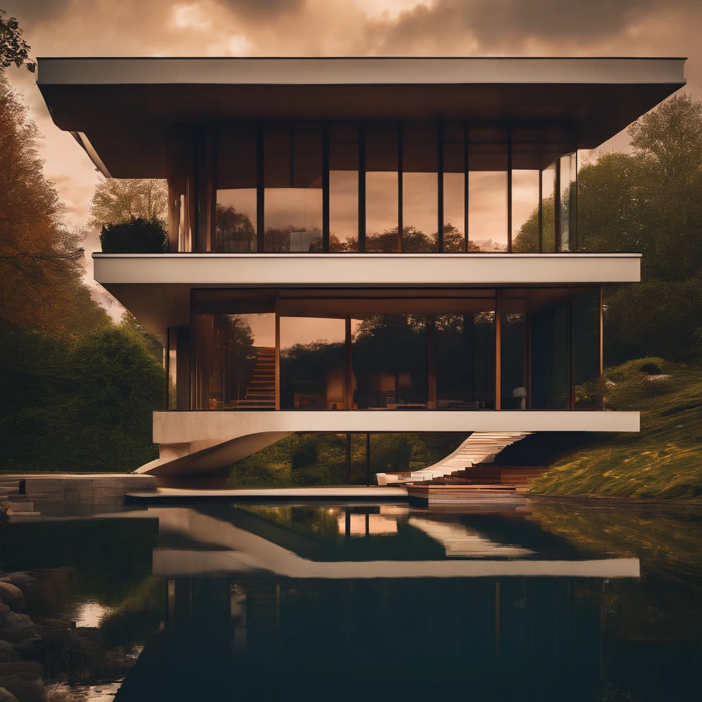 (((An amazing house))), (minimalism and brutalism style influence), ((Frank Lloyd Wright falling water)),(((with terraces))), (beautiful gardens), ((lake)), waterfall ((top of a small hill)), (in edge of a river), sunset, big, deep and beautiful clouds, illustration format, cool and warm color palette, high contrast, hard shadows (Masterpiece, highest quality), (Exquisite lighting and shadow, highly dramatic picture, Cinematic lens effect), (((Simon Stålenhag visual style))) 2 store house, big panorama windows, 200 square meter house, First store and second store are not on top of each other, offset, avantgard, future, flat roof, architecture inspired by Zaha Hadid, trees in the garden
