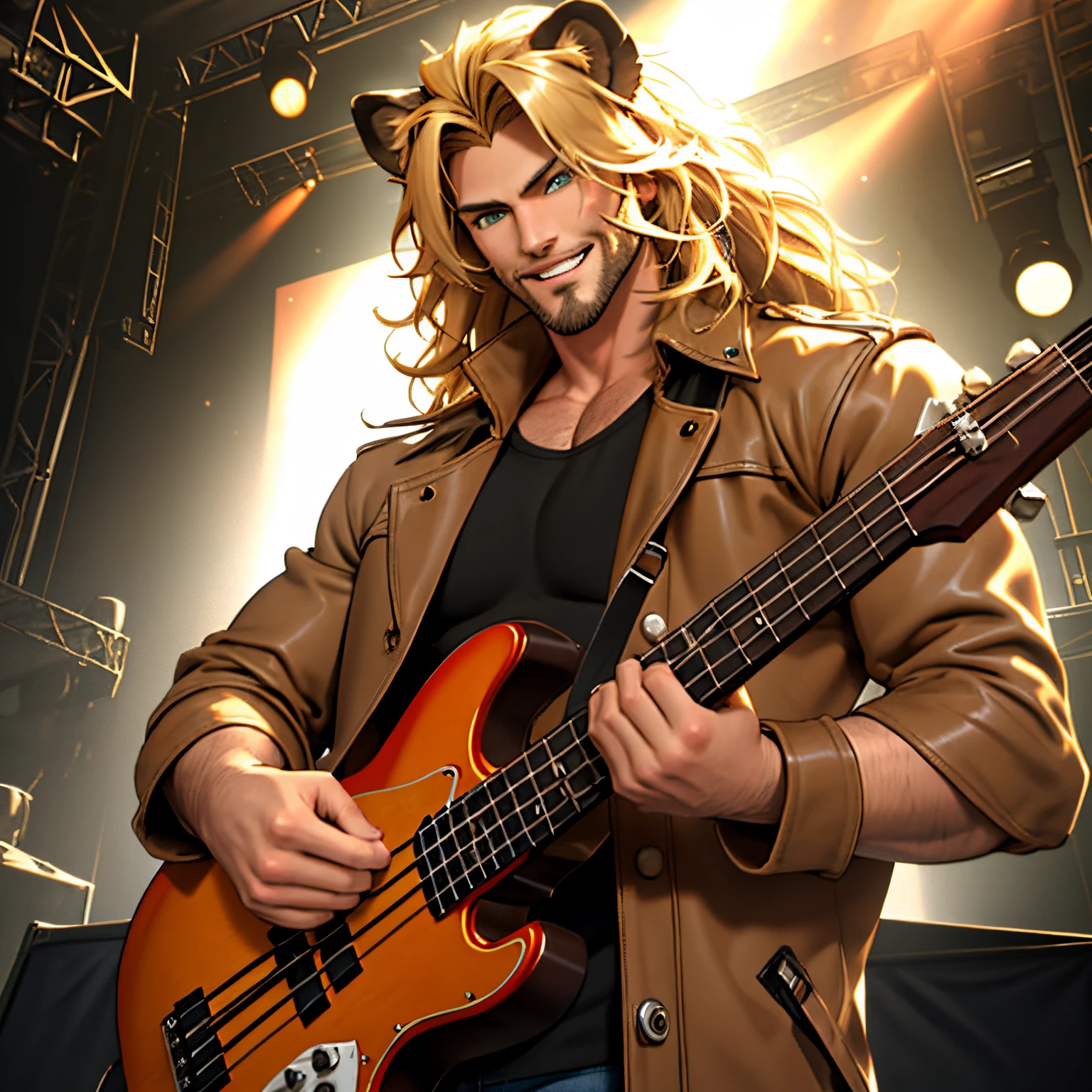 Brown leather coat, One male, lion ears, long hair, blond, blond hair, green eyes, tall, muscular, beautiful face, highest quality, masterpiece, 3d, anime, perfect face, highest detail, feline eyes, stubble, lion tail, wavy hair, cowboy shot, detailed face, intricate details, stage background, smile, solo, holding black bass guitar