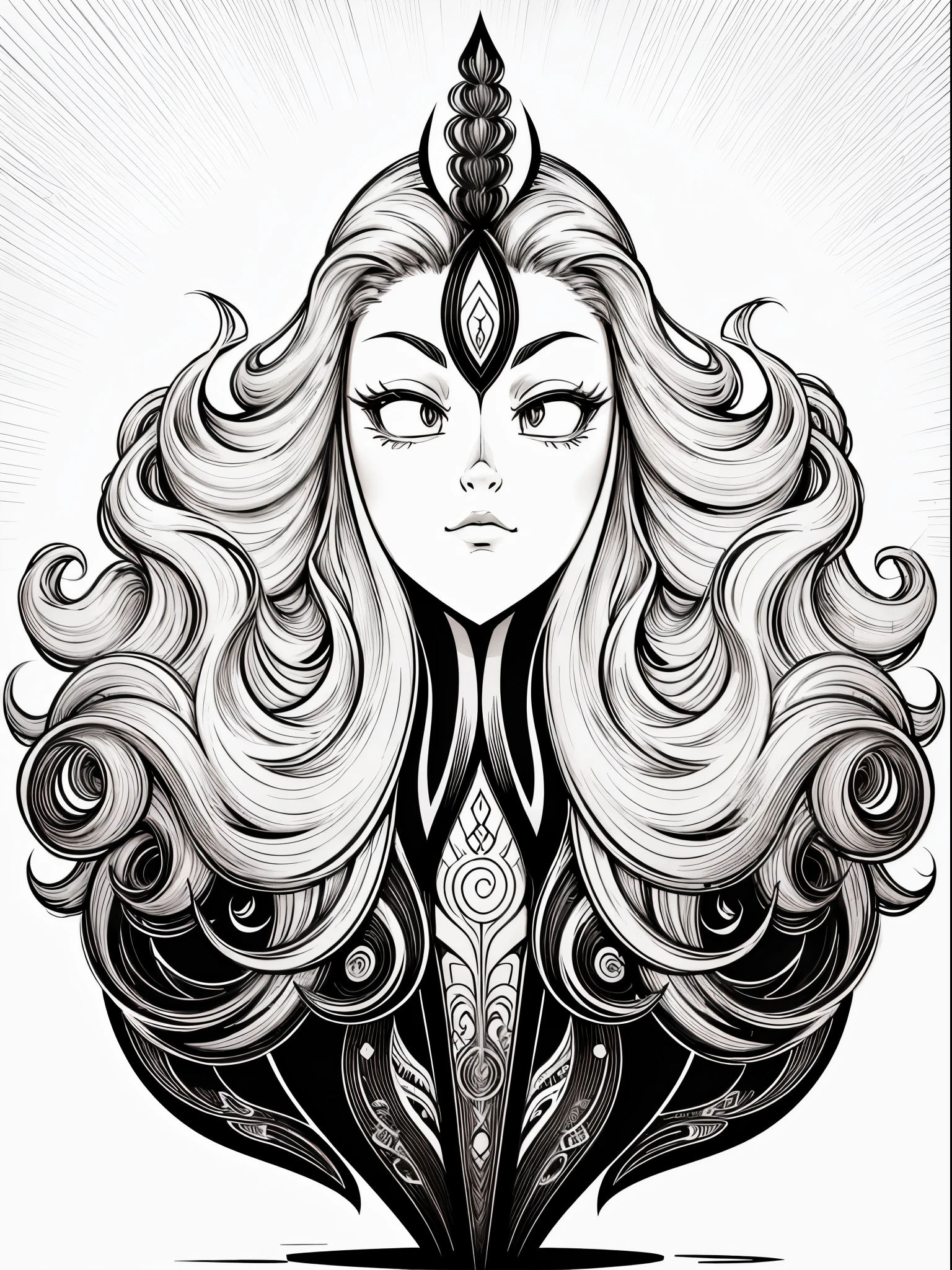 line art:High quality design vector style image, Huge long hair。curlies。line sleek,Exquisite totem, Vector Image.Weird