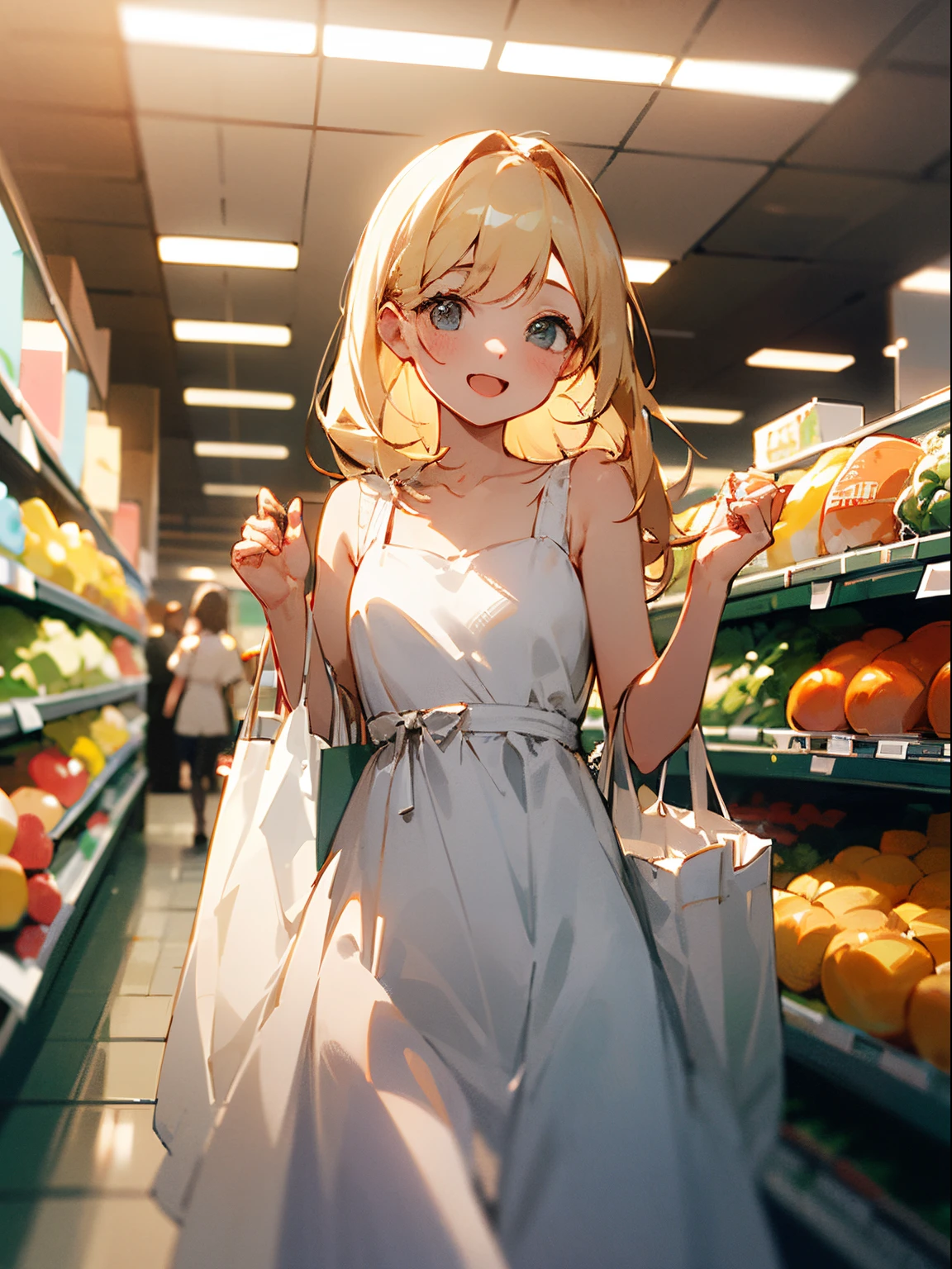 (masterpiece、top-quality)、Wearing a white dress、Long blonde girl going shopping at the supermarket、Its existence is、Beautify the entire space、a person々Bringing joy and excitement to。Warm lighting、Blurred foreground