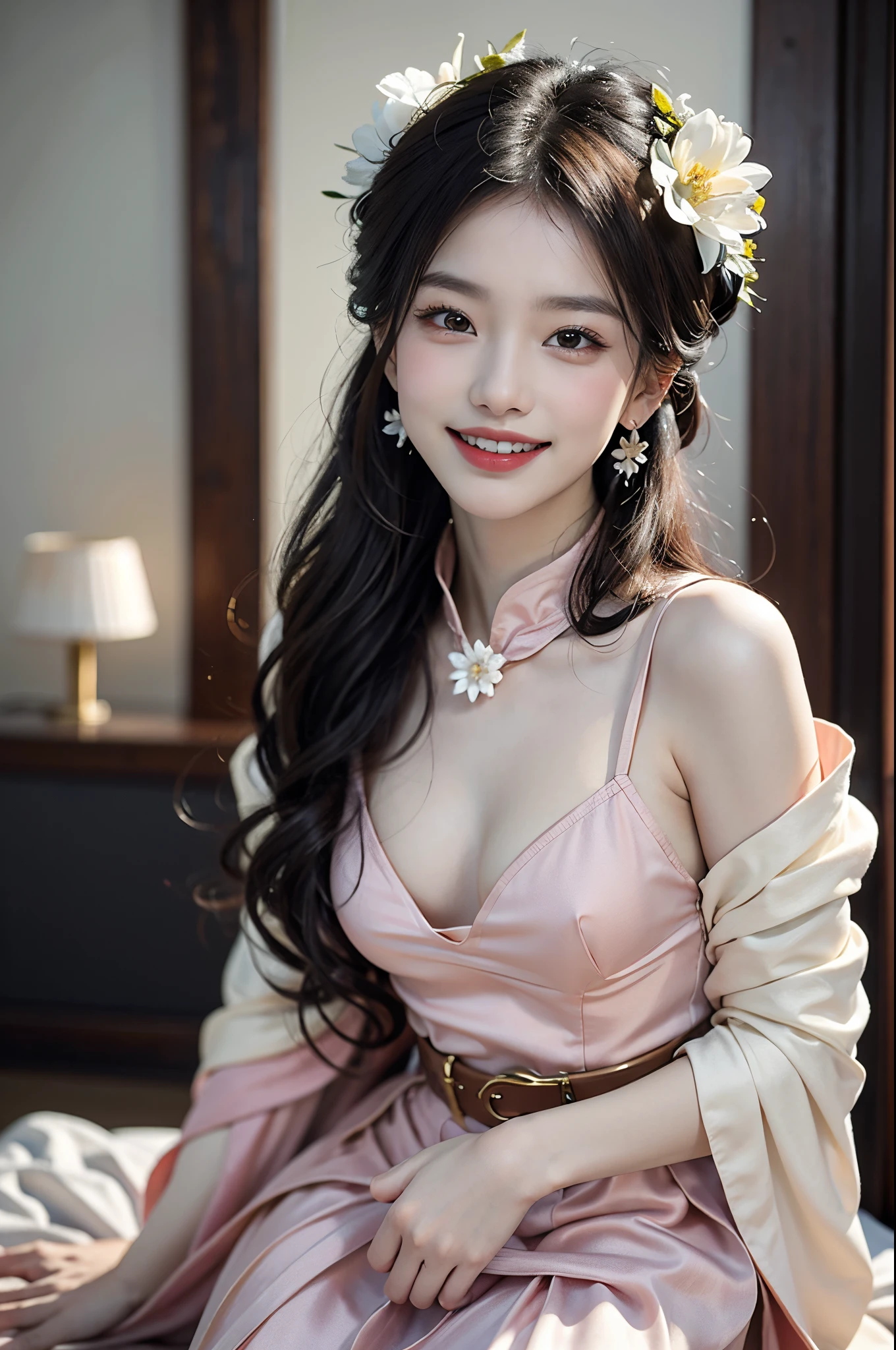 ((cowboy shot)) , ((from side)), ((actual)), 1 Asian female model, A young girl, (closeup cleavage), (Being in the room, Sit Pose, sit on a bed), look out the window, Pleasing posture, Various postures attract attention, detailed scene, curlies, hair pin, beautiful hair ornaments, Brownish-yellow hair, light make-up, blush blush, gloss on the lips, (Hanfu), ((White flower hanfu, draped in silk, DEEP-V COLLAR, high-waist, nice belt)), ((warmly lit, Warm color palette)), (Extremely high color saturation), detailed detail, ultra - detailed, (tmasterpiece, Best quality), (An extremely delicate and beautiful work), elaborate earrings, delicatenecklace, simple blurr background, Extremely detailed description, Ultra-fine painting, s delicate face, slim toned body, Slimming the waist, (grinning smile, Happy smile, teeth showing), (Anatomical correct)