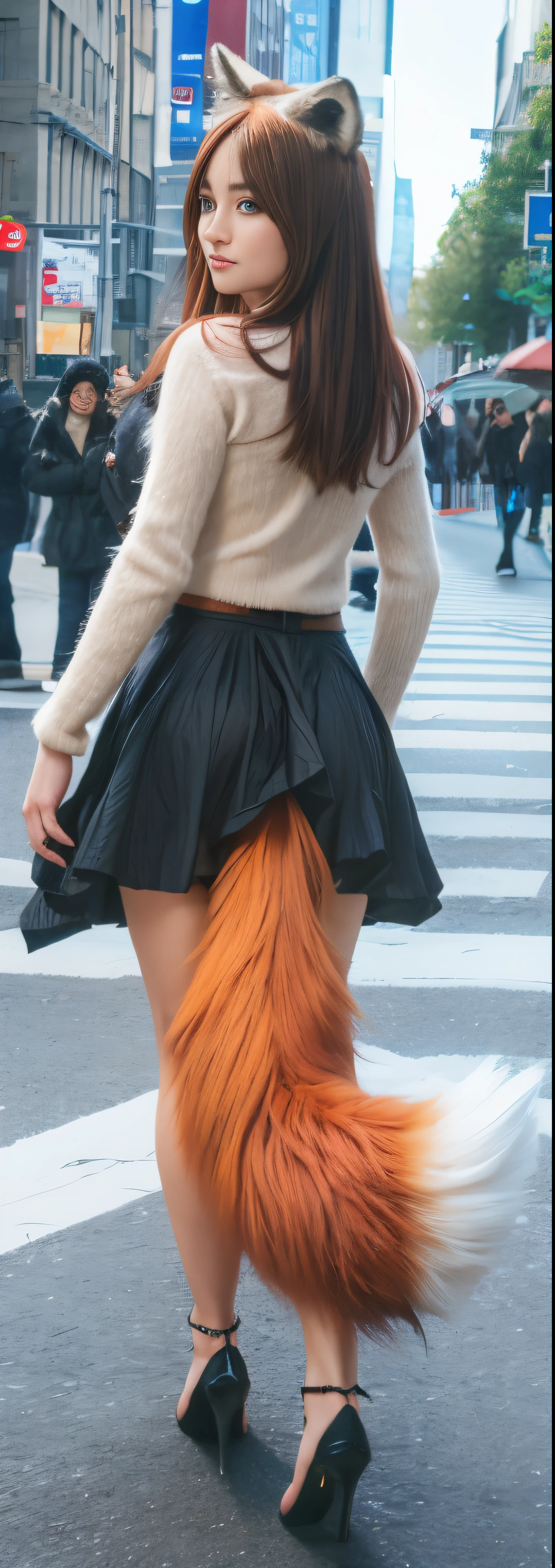 A woman with a fox tail is walking across the street, Furry tail, Fox tail, furries wearing tails, female furry mini cute style, tail, fluffy tail, furry legs, foxgirl, pov furry art, wearing skirt, long elegant tail behind, very very beautiful furry art, thick fluffy tail, Bushy tail, a picture, top-quality