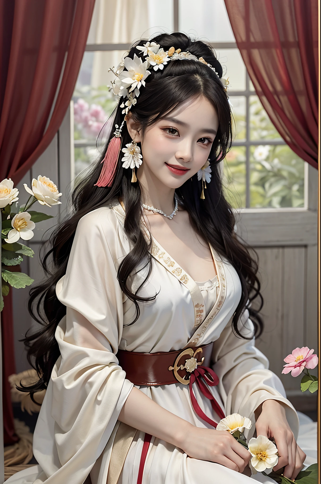 ((cowboy shot)) , ((from side)), ((actual)), 1 Asian female model, A young girl, (closeup cleavage), (Being in the room, Sit Pose, sit on a bed), look out the window, Pleasing posture, Various postures attract attention, detailed scene, curlies, hair pin, beautiful hair ornaments, Brownish-yellow hair, light make-up, blush blush, gloss on the lips, (Hanfu), ((White flower hanfu, draped in silk, DEEP-V COLLAR, high-waist, nice belt)), ((warmly lit, Warm color palette)), (Extremely high color saturation), detailed detail, ultra - detailed, (tmasterpiece, Best quality), (An extremely delicate and beautiful work), elaborate earrings, delicatenecklace, simple blurr background, Extremely detailed description, Ultra-fine painting, s delicate face, slim toned body, Slimming the waist, (grinning smile, Happy smile, teeth showing), (Anatomical correct)