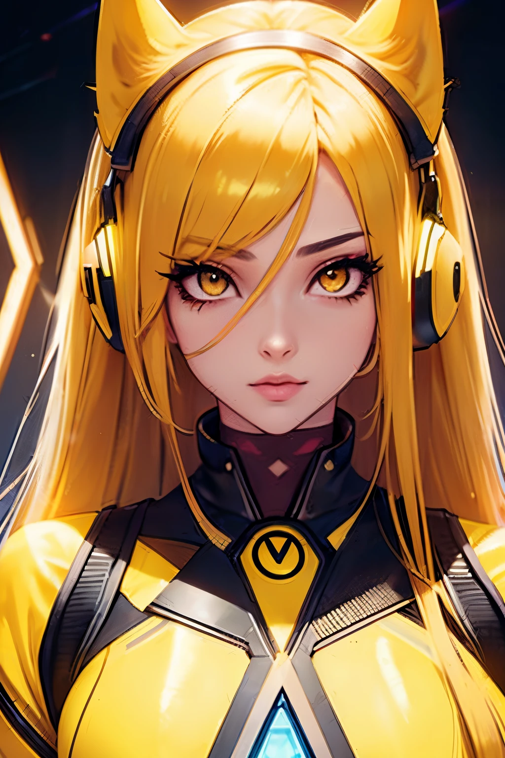 girl with long yellow hair, yellow eyes, futuristic vibes, mask on mouth, headphones, 8k, high quality, simple background, glowing eyes, nice pose