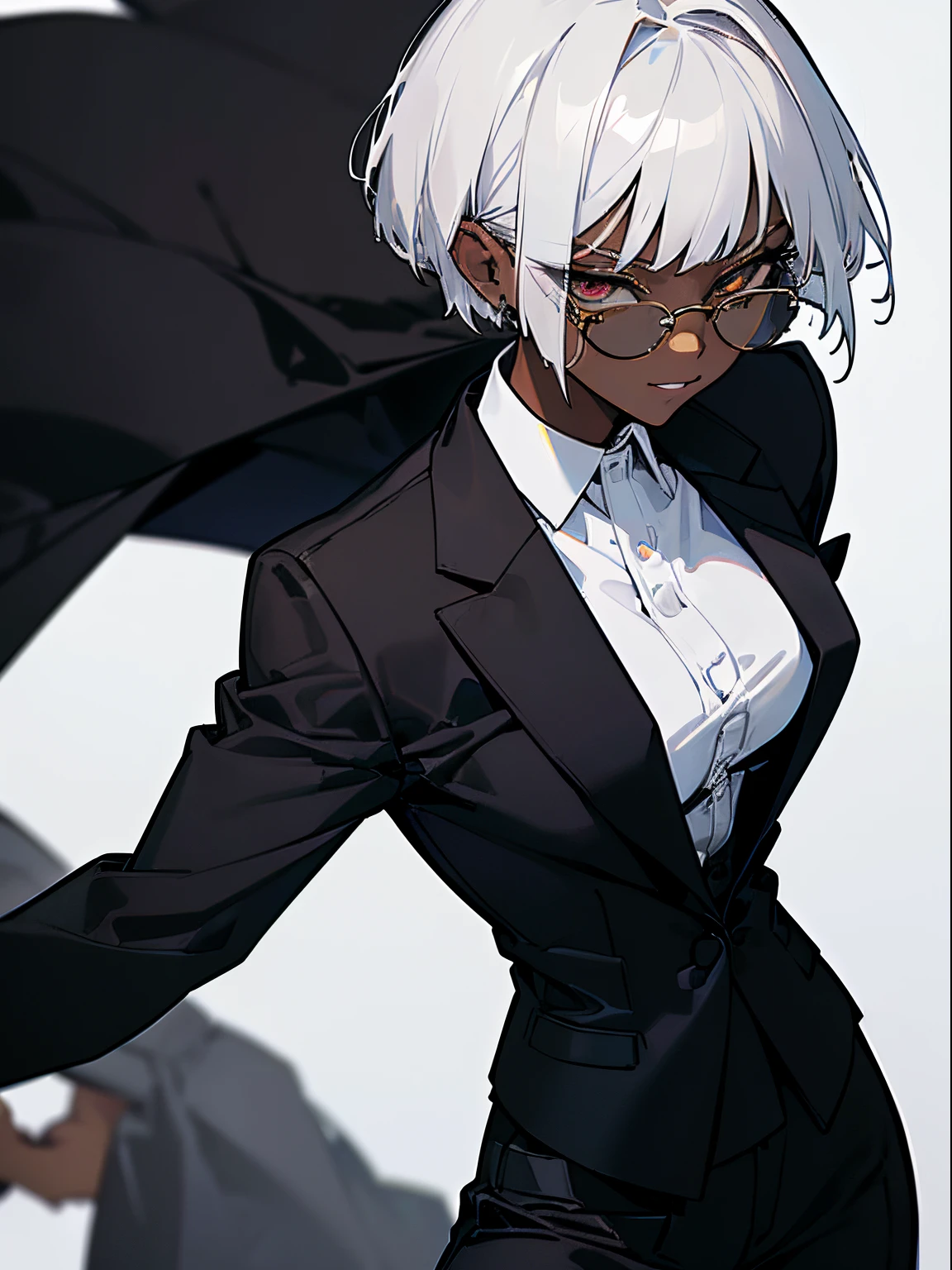 (top-quality、​masterpiece:1.2) 1womanl、Adults、((dark skinned female、long white short hair、Hair hanging over the ears)) golden eye、eye glasses、((Black Business Suit、Black tailored jacket、white  shirt、Black pantsuit)) (office backdrop) (Vicious look、Vulgar smile)