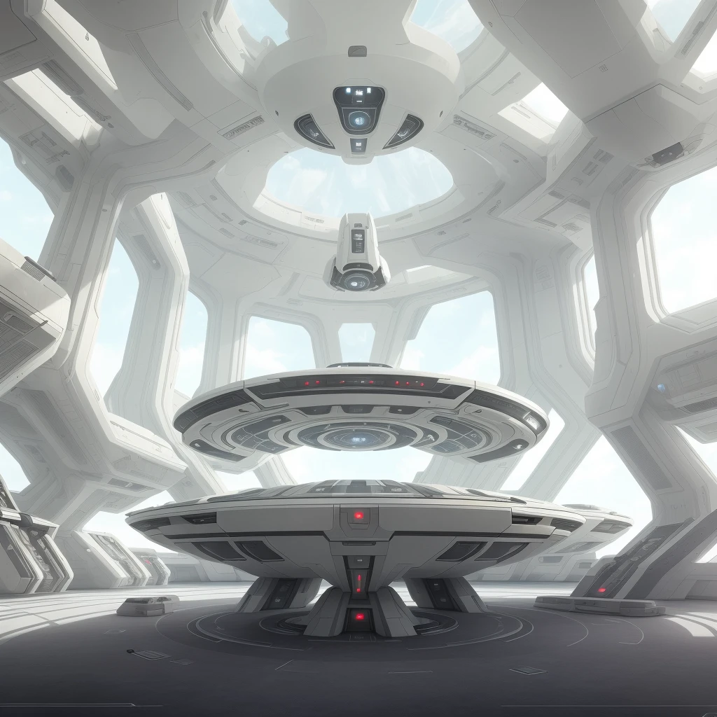 There is a futuristic looking room,There is a bowl in the middle, futuristic setting, Spaceport of the future, Future environment, futuristic base, 8k high detail concept art, Futuristic spaceship interior, spaceship hangar, futuristic palace, futuristic hall, futuristic and ethereal, futuristic outpost building, futuristic concept art, Inside a futuristic military base, futuristic sport arena