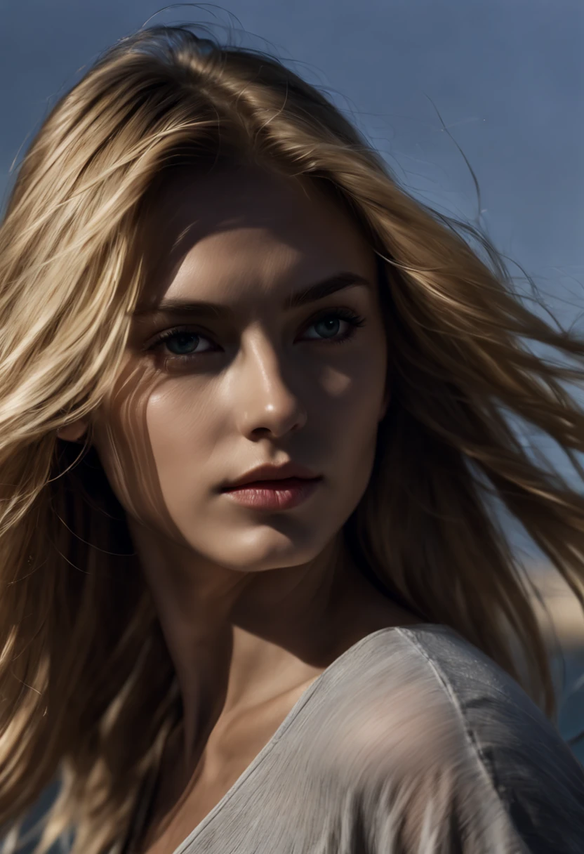 candid dark backside 3/4 face portrait photo of a beautiful 25 years old caucasian woman, (extra long wavy blonde hair blown in the wind), outside, Award - winning photograph, Masterpiece, 8k, ultra high res, hyper detailed, perfect flawless face, rule of thirds, Realistic Perfect eyes and pupils, Perfect full lips, upturned nose, highly detailed shining hair, ((detailed facial features)), (finely detailed skin), tanned skin, skin pores, skin blemishes, realistic skin texture, intricate details, photorealism, hyperrealism, ultra realistic, lifelike textures, neutral colors, studio lighting, cinematic lighting, soft volumetric light on face, backlight on hair, sharp focus, wide angle, film grain, dslr, raw photo,