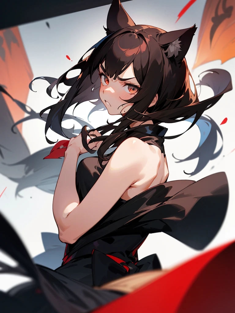 1 girl,(Brunette hair and semi-long hair)(beautiful hairl), actor, Unhappy, Glossy glossy skin, Best quality at best, tmasterpiece,1 short black haired girl with cat ears,dim lights,black color dress,Blurred foreground,Headshot,Looking at the lens from bottom to top,Above the shoulder,angry,Japanese cartoons