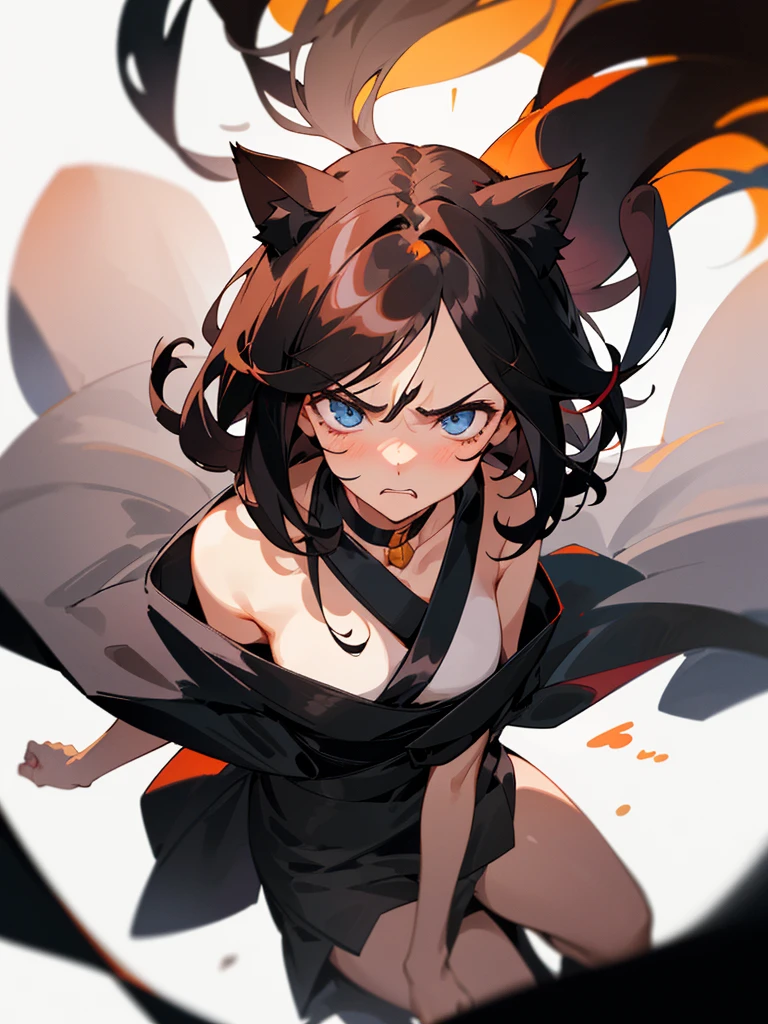 1 girl,(Brunette hair and semi-long hair)(beautiful hairl), actor, Unhappy, Glossy glossy skin, Best quality at best, tmasterpiece,1 short black haired girl with cat ears,dim lights,black color dress,Blurred foreground,Headshot,Looking at the lens from bottom to top,Above the shoulder,angry,Japanese cartoons