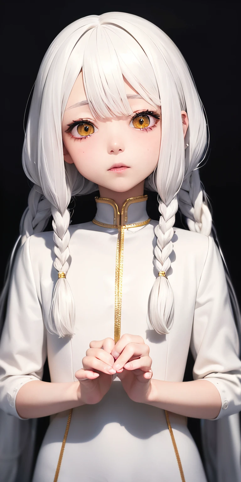 top-quality、masterpiece、white hair、Gold Eye、white clothes、look up to、The upper part of the body、Hair strands、light skinned、Side braid、Teary-eyed