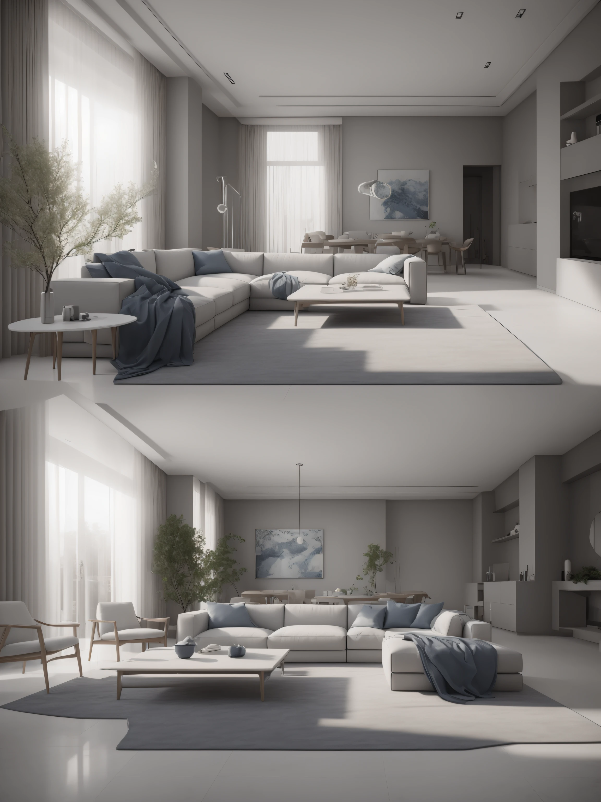 (masterpiece), (high quality), best quality, real, (realistic), super detailed, (full detail), (4k), 8k, interior, interior desgin, Living room, white and blue and grey