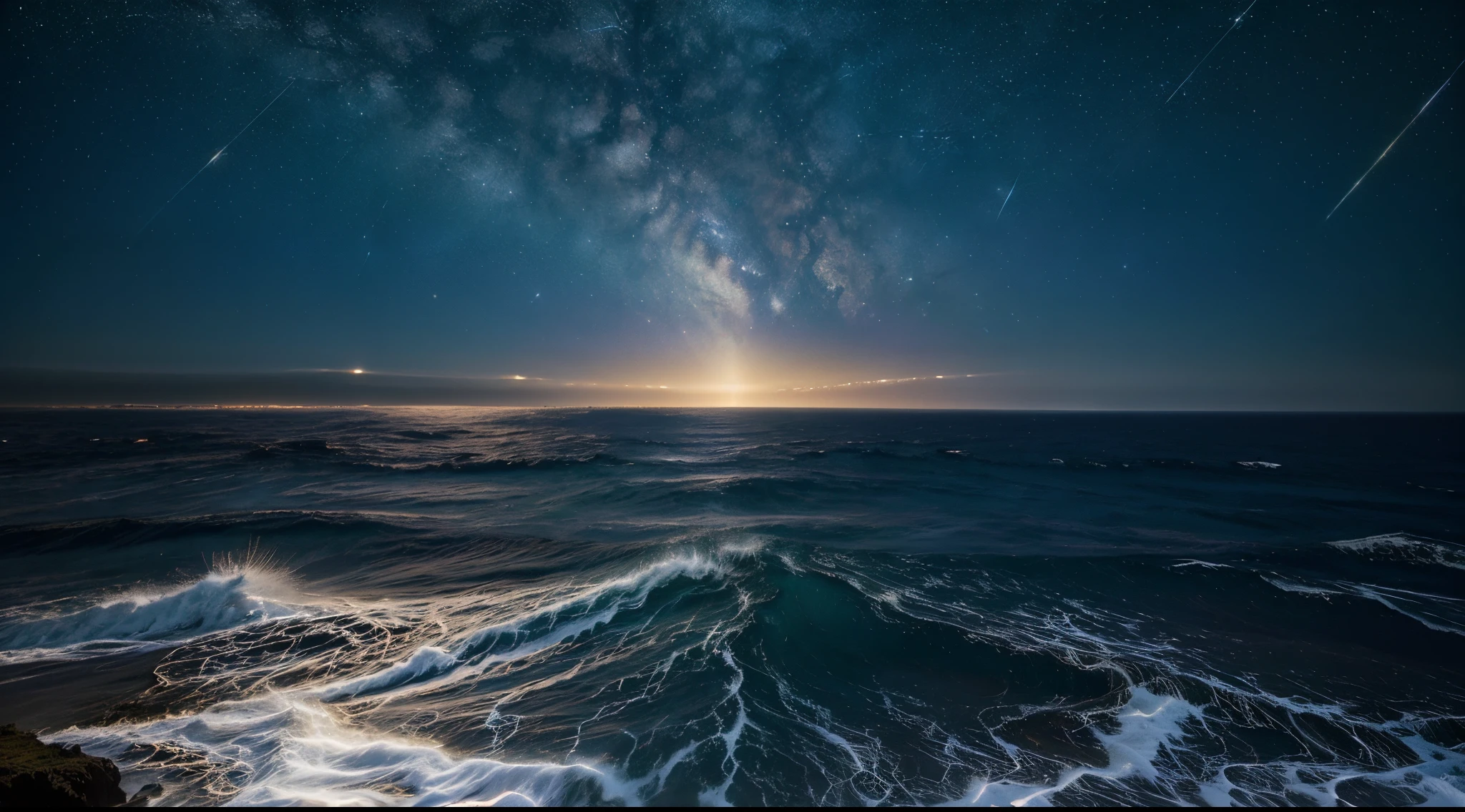 "universe exists" A view of the world and a series of constellations and magical entities and meteor shower in the sky, magia, As estrelas, External, erode, light in center, from a flash of light, Sea with waves and sunrise, Gorgeous dramatic scenes, 8K, A gorgeous one