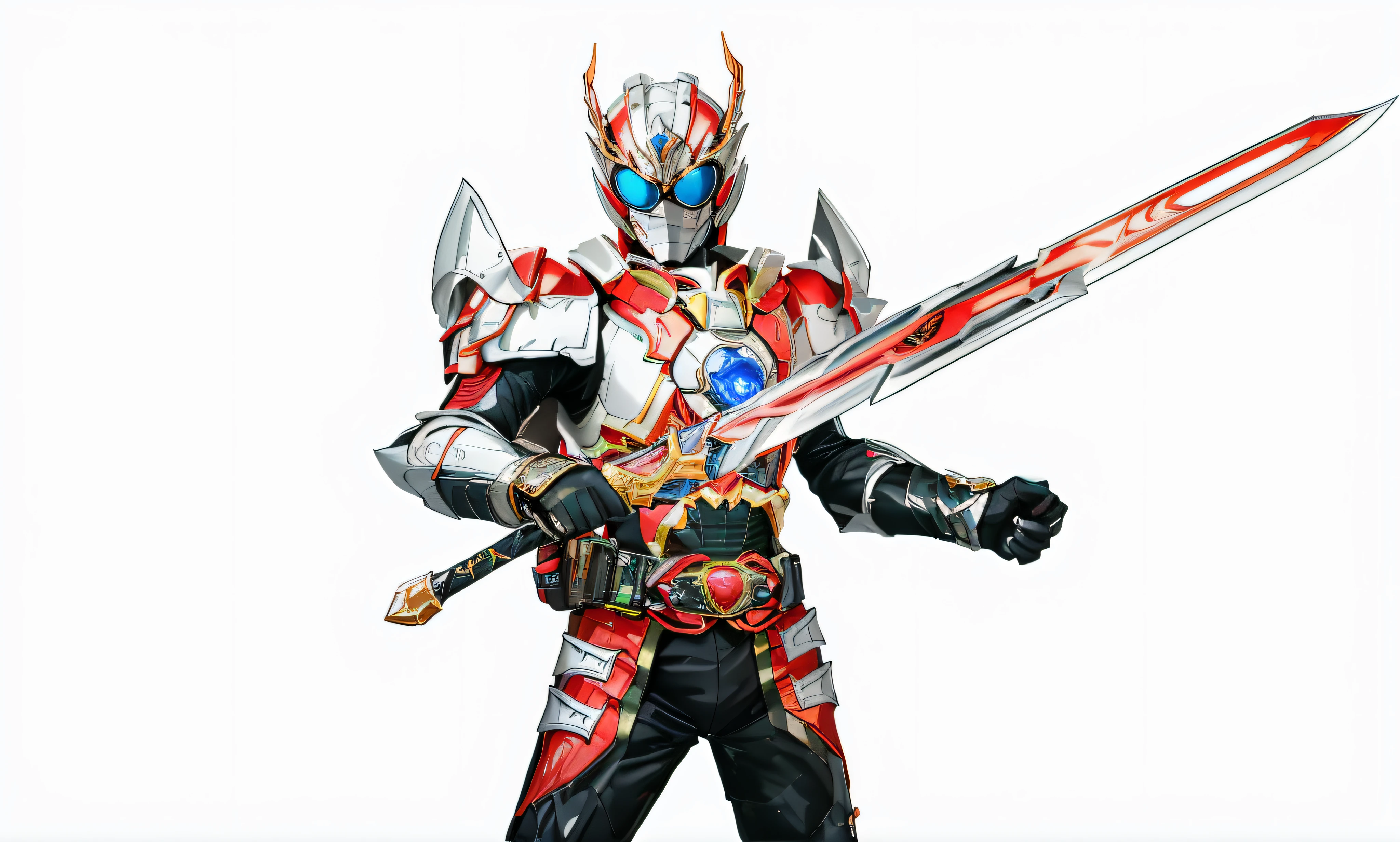 a close up of a person holding a sword and a sword, Kamen Rider style，Clear details，4K分辨率，Armor warrior elements，Flame Dragon Armor，