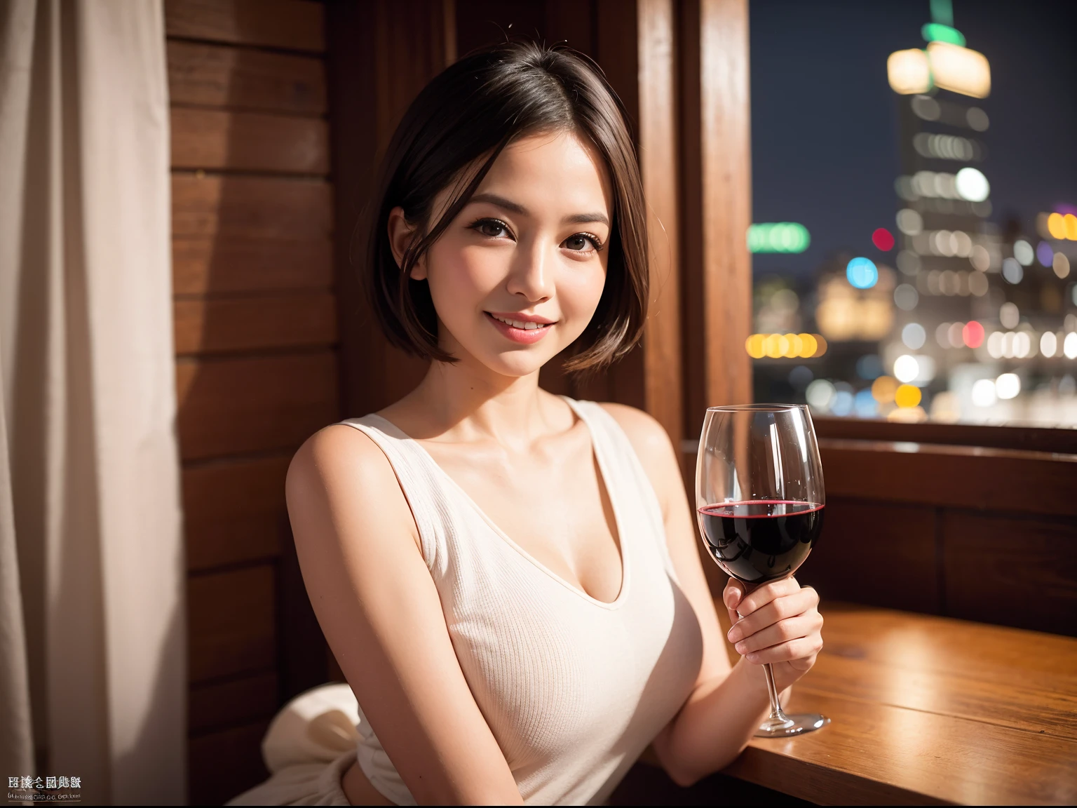 (64K, UHD, top quality, masterpiece: 1.2), (realistic, photorealistic: 1.37), super detailed, pretty woman 1 person, (slim face), (slim body), (brown hair), (short cut), cheeks slightly blushing, (35 years old), 38 years old, solo, beautiful detailed urban night view outside the window, restaurant, wine glasses sit, at night, in a prominent place (from the waist up) NovaFrogStyle, Actress, Model, Waist Up, White Wine, Slim, Wine Glass, Super Clean Night View, Wine Glass Put in the Middle, Happy Smile, (Smile: 1.15), Beautiful Fine Eyes, Upper Body, Bust Japan Up, Night, Short, Short, Actress, Model, Waist Up, White Wine, Slim, Wine Glass, Super Clean Night View, Wine Glass Put in the Middle, Happy Smile,