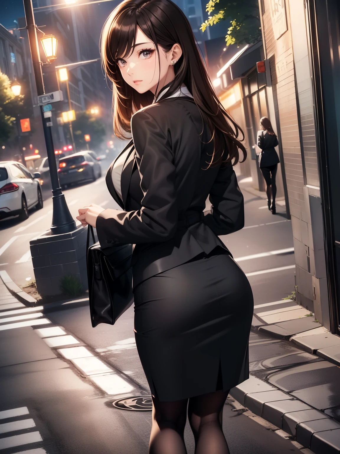 ((masterpiece, best quality, ultra-detailed)), 1girl, beautiful woman looking at viewer, white leather jacket, black maxi pencil skirt, long black pencil skirt, leather boots, wearing necklace, full body, brown hair, city, night, alleyway, lights