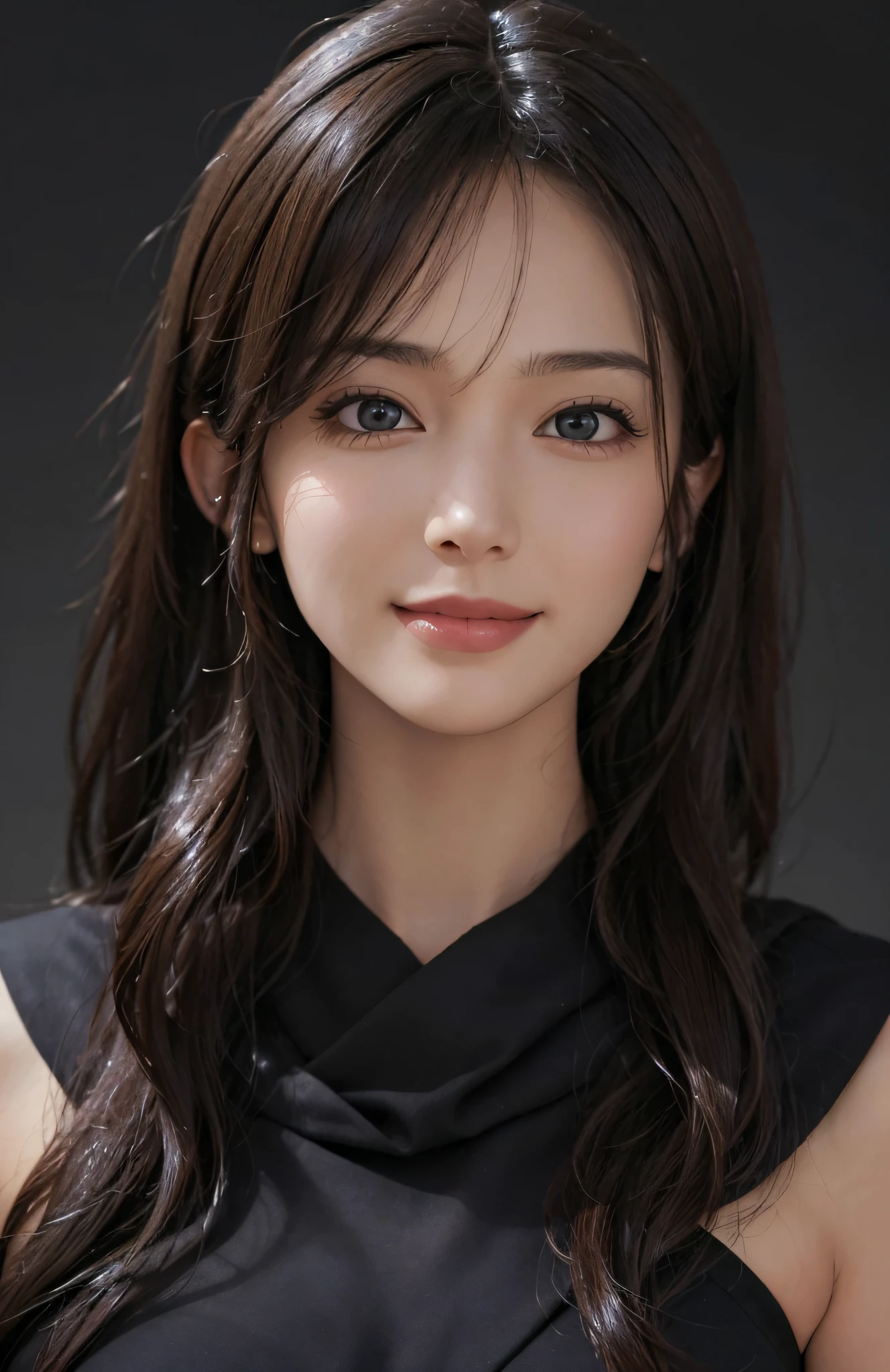 (Ultra Realistic), (Illustration), (Increased Resolution), (8K), (Extremely Detailed), (Best Illustration), (Beautiful and Detailed Eyes), (Best Quality), (Ultra Detailed), (Masterpiece ), ( wallpaper), (detailed face), solo, 1 girl, looking at viewer, fine details, detailed face, in the dark, deep shadows, low key, pureerosfaceace_v1, smiling, long hair, black shawl straight hair , 46 points oblique bangs