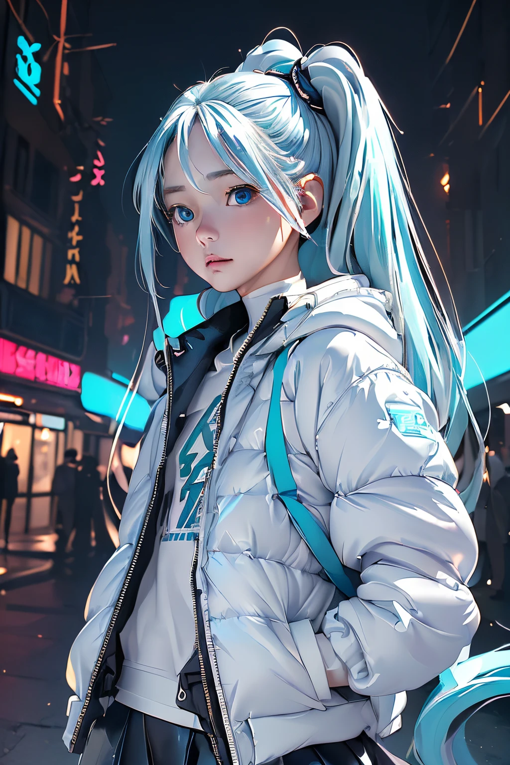 (extraordinary、Best-aesthetic、new、newest、best qualtiy、​masterpiece、A highly detailed、animesque、waifu:1.2) Break 1 Girl, 独奏, silber hair, blue eyess, White jacket, a street, natta, Neon light,miku hatsune