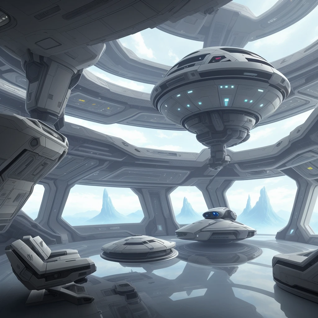 Have a futuristic room，There is a bowl in the middle, futuristic setting, future spaceport, Future environment, futuristic base, 8k high detail concept art, Futuristic spaceship interior, spaceship hangar, futuristic palace, futuristic hall, futuristic and ethereal, futuristic outpost building, futuristic concept art, Futuristic military base interior, futuristic sport arena