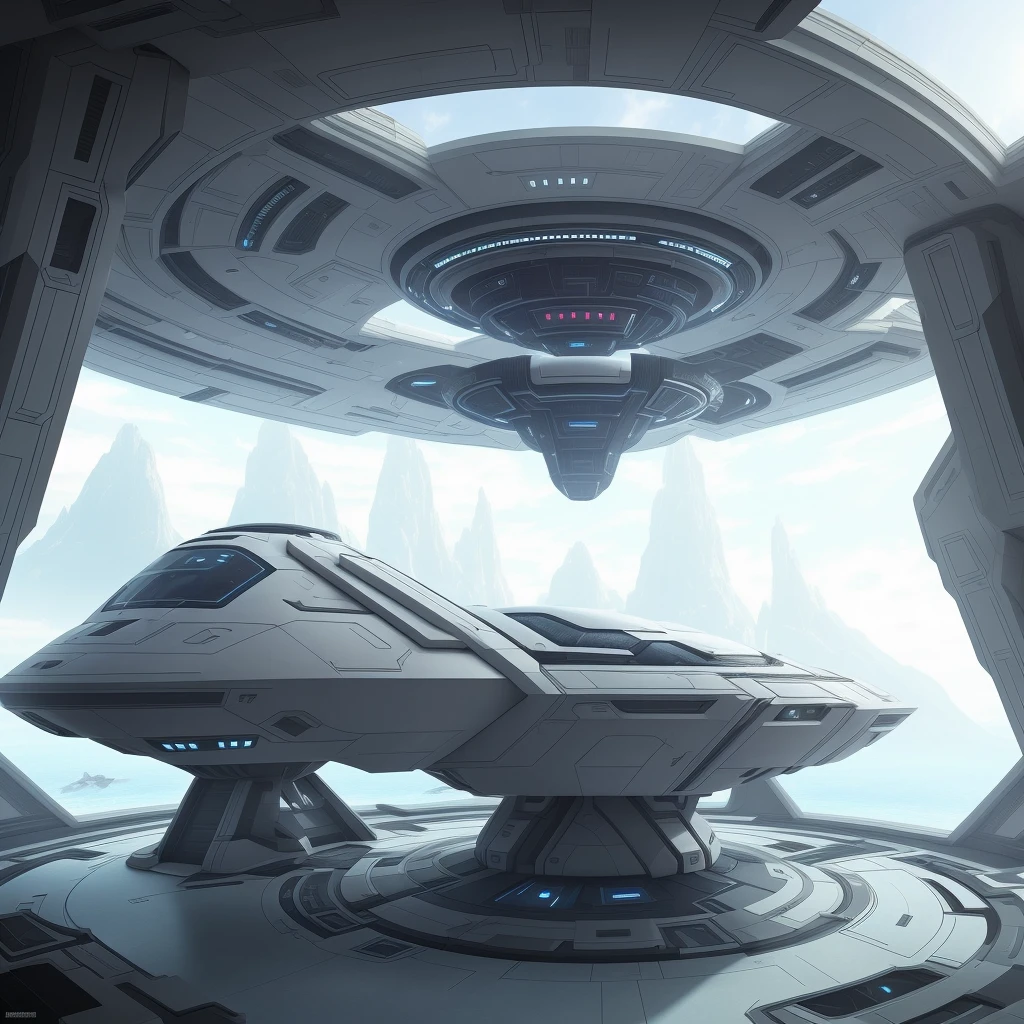 Have a futuristic room，There is a bowl in the middle, futuristic setting, future spaceport, Future environment, futuristic base, 8k high detail concept art, Futuristic spaceship interior, spaceship hangar, futuristic palace, futuristic hall, futuristic and ethereal, futuristic outpost building, futuristic concept art, Futuristic military base interior, futuristic sport arena