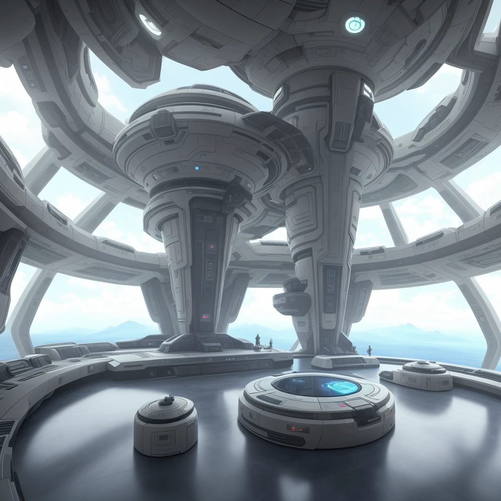 Have a futuristic room，There is a bowl in the middle, futuristic setting, future spaceport, Future environment, futuristic base, 8k high detail concept art, Futuristic spaceship interior, spaceship hangar, futuristic palace, futuristic hall, futuristic and ethereal, futuristic outpost building, futuristic concept art, Futuristic military base interior, futuristic sport arena