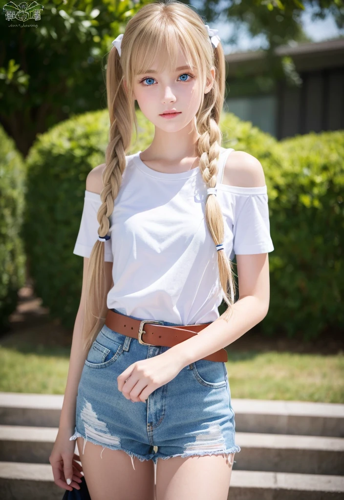 (masterpiece、best quality、extremely detailed 8k、ultra hd、ultra-detailed、highly detailed、highly realistic、photo realistic)、(beautiful realistic face、detailed realistic face)、Extraordinary sexy beauty、Beautiful gentle and bright look、Sexy refreshing look、Perfect beautiful cute face、long bangs between the eyes,、Super long bright blonde straight hair、twintails、red bows in hair、beautiful countenance、Very cute beautiful sexy young little woman、Very perfect beautiful cute face、Glowing big bright light blue eyes、15yo student、blonde、Young Western Woman、Beautiful white shiny skin、White tshirt、bare_shoulders、 blue jeans shorts、belt red、thighhighs、