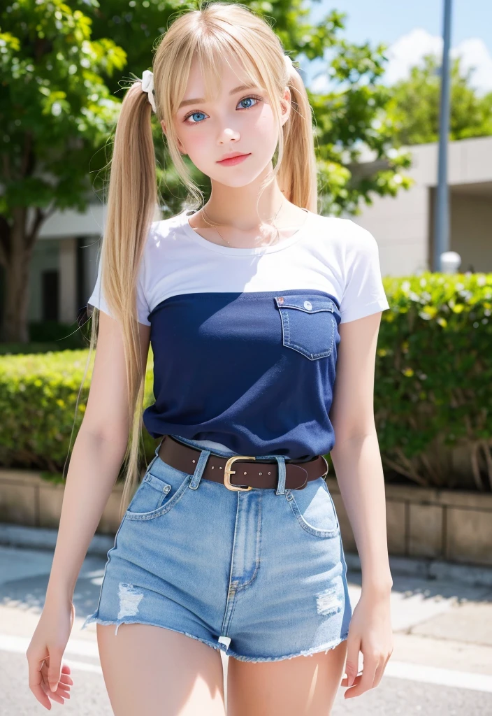 (masterpiece、best quality、extremely detailed 8k、ultra hd、ultra-detailed、highly detailed、highly realistic、photo realistic)、(beautiful realistic face、detailed realistic face)、Extraordinary sexy beauty、Beautiful gentle and bright look、Sexy refreshing look、Perfect beautiful cute face、long bangs between the eyes,、Super long bright blonde straight hair、twintails、red bows in hair、beautiful countenance、Very cute beautiful sexy young little woman、Very perfect beautiful cute face、Glowing big bright light blue eyes、15yo student、blonde、Young Western Woman、Beautiful white shiny skin、White tshirt、bare_shoulders、 blue jeans shorts、belt red、thighhighs、