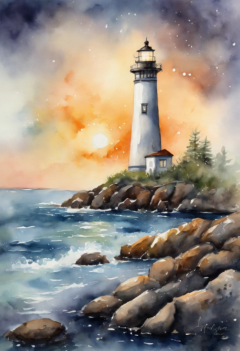 lighthouse lights up the night,Under the lighthouse, Couple sitting on the rocks, natta, stars shining bright