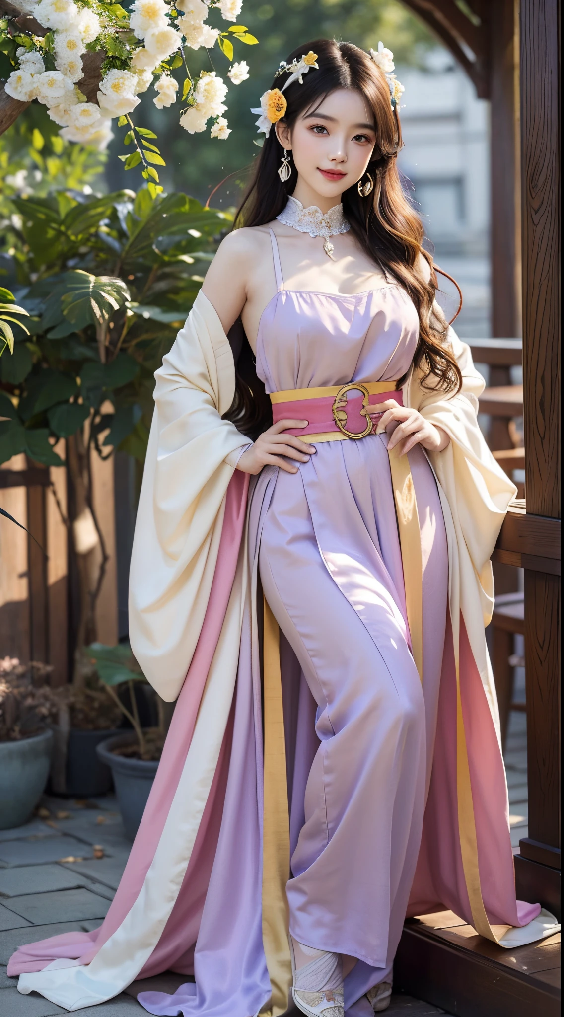 ((full body)) , ((actual)), 1 Asian female model, A young girl, (closeup cleavage), (In the gazebo, standing on your feet, leaning against pillars, Cross ed leg), look out the window, Pleasing posture, Various postures attract attention, detailed scene, slender leg, curlies, hair pin, beautiful hair ornaments, Brownish-yellow hair, light make-up, blush blush, gloss on the lips, (Hanfu), ((White flower hanfu, draped in silk, DEEP-V COLLAR, high-waist, nice belt)), ((warmly lit, Warm color palette)), (Extremely high color saturation), detailed detail, ultra - detailed, (tmasterpiece, Best quality), (An extremely delicate and beautiful work), elaborate earrings, delicatenecklace, simple blurr background, Extremely detailed description, Ultra-fine painting, s delicate face, slim toned body, Slimming the waist, (happy grin), (Anatomical correct)