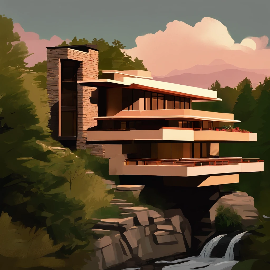 (((An amazing house))), (minimalism and brutalism style influence), ((Frank Lloyd Wright Fallingwater)),(((with large terracess))), (beautiful gardens), ((natural lake)), waterfall ((top of a small hill)), (in edge of a river), sunset, big, deep and beautiful clouds, illustration format, cool and warm color palette, high contrast, hard shadows (Masterpiece, highest quality), (Exquisite lighting and shadow, highly dramatic picture, Cinematic lens effect), (((Simon Stålenhag visual style))) 2 store house, big panorama windows, 200 square meter house, First store and second store are not on top of each other, offset, avantgard, future, flat roof, architecture inspired by Zaha Hadid, trees in the garden