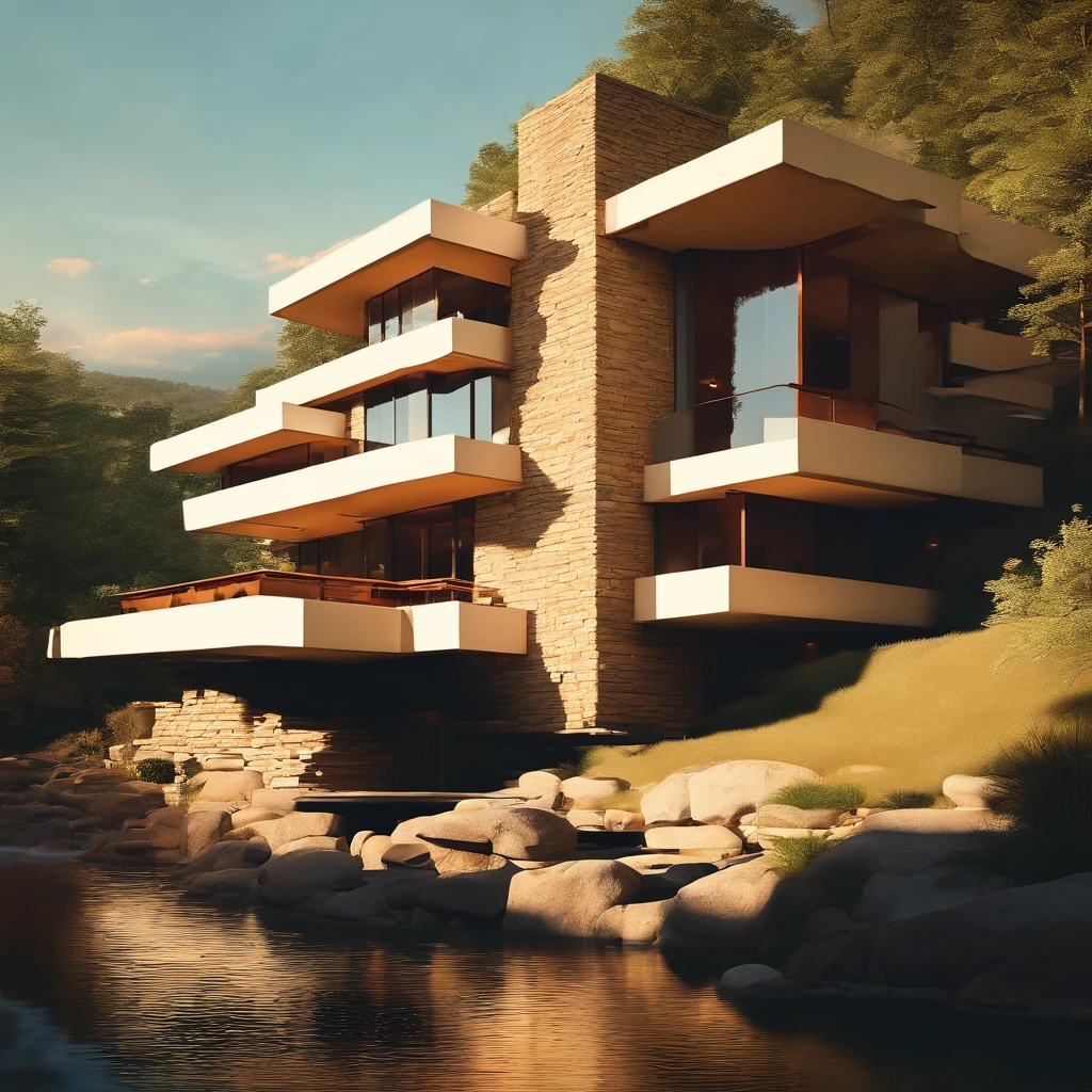 (((An amazing house))), (minimalism and brutalism style influence), ((Frank Lloyd Wright Fallingwater)),(((with large terracess))), (beautiful gardens), ((natural lake)), waterfall ((top of a small hill)), (in edge of a river), sunset, big, deep and beautiful clouds, illustration format, cool and warm color palette, high contrast, hard shadows (Masterpiece, highest quality), (Exquisite lighting and shadow, highly dramatic picture, Cinematic lens effect), (((Simon Stålenhag visual style))) 2 store house, big panorama windows, 200 square meter house, First store and second store are not on top of each other, offset, avantgard, future, flat roof, architecture inspired by Zaha Hadid, trees in the garden