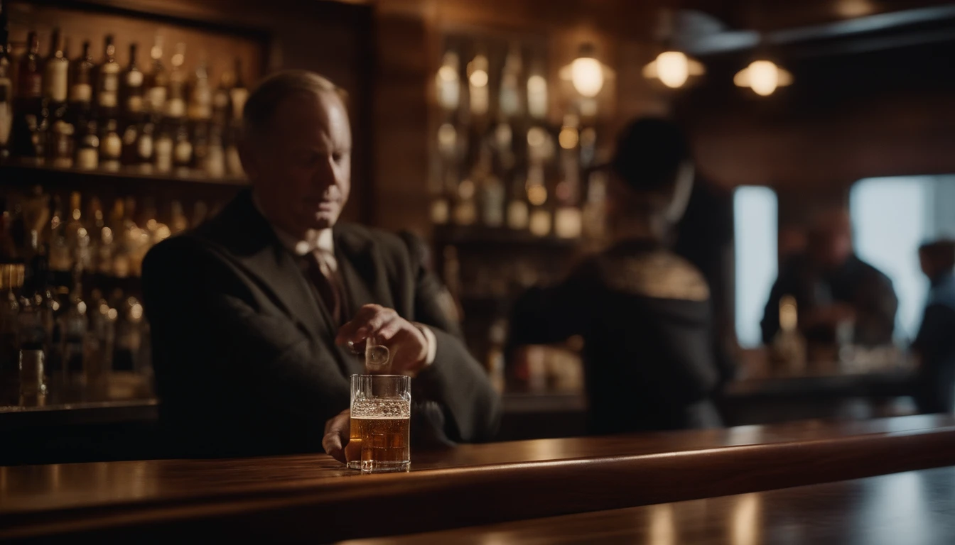 people from this picture https://ibb.co/3kfHrdV, the man from this Picture https://ibb.co/qYRNcQf, sitting in a bar on counter,
point of view from the bartender, on the counter three shot glasses and a shot bottle, background shows a dark empty bar,
Lamps shine on the people at the bar, They wear chic evening clothes, bar counter is made of wood, realistic