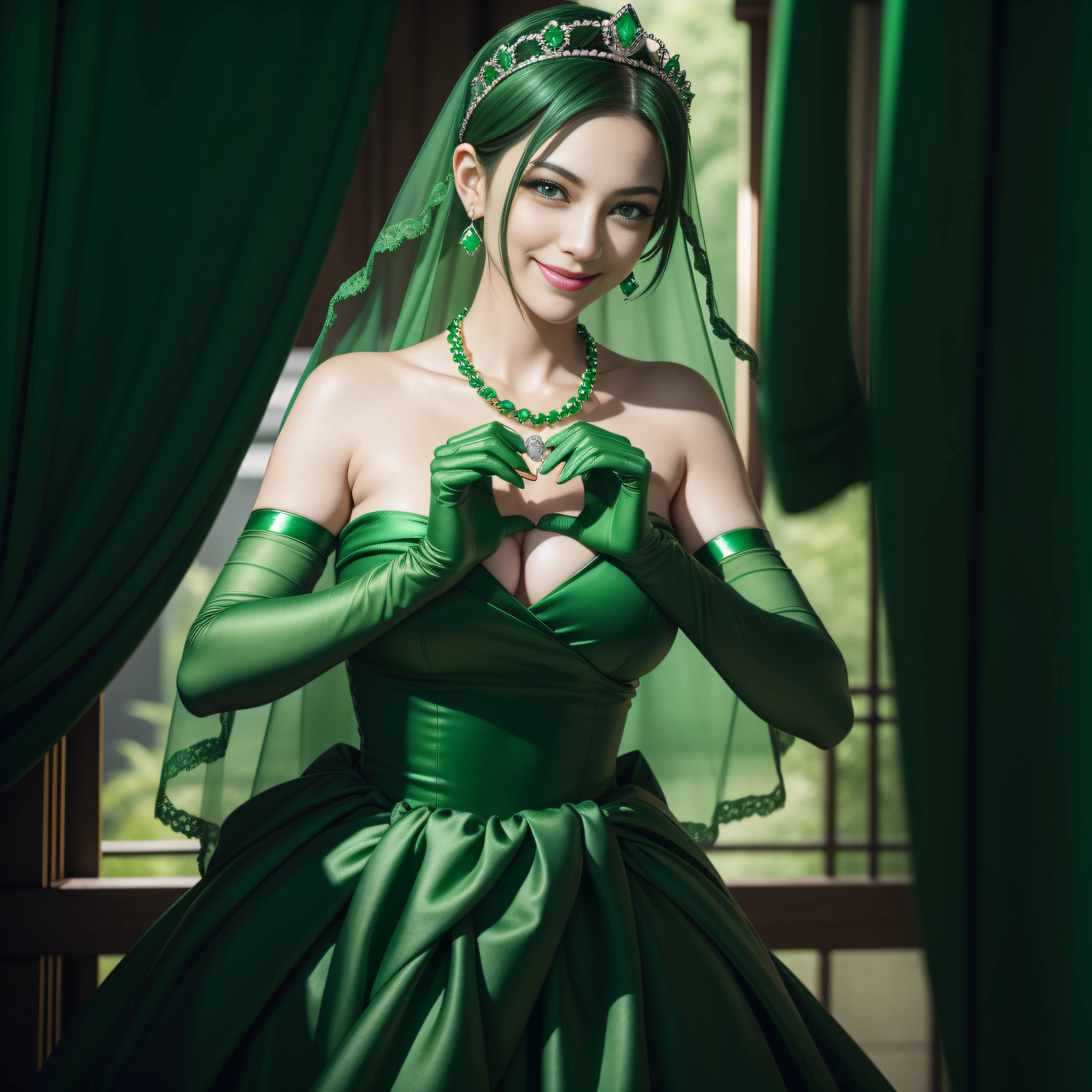 emerald tiara, Green Pearl Necklace, Boyish very short green hair, lipsticks, Japan woman smiling, very short short hair,  big breasts beautiful, Green eyes, Long green gloves made of satin material, Green eyes, Emerald Earrings, green vale, Heart with both hands