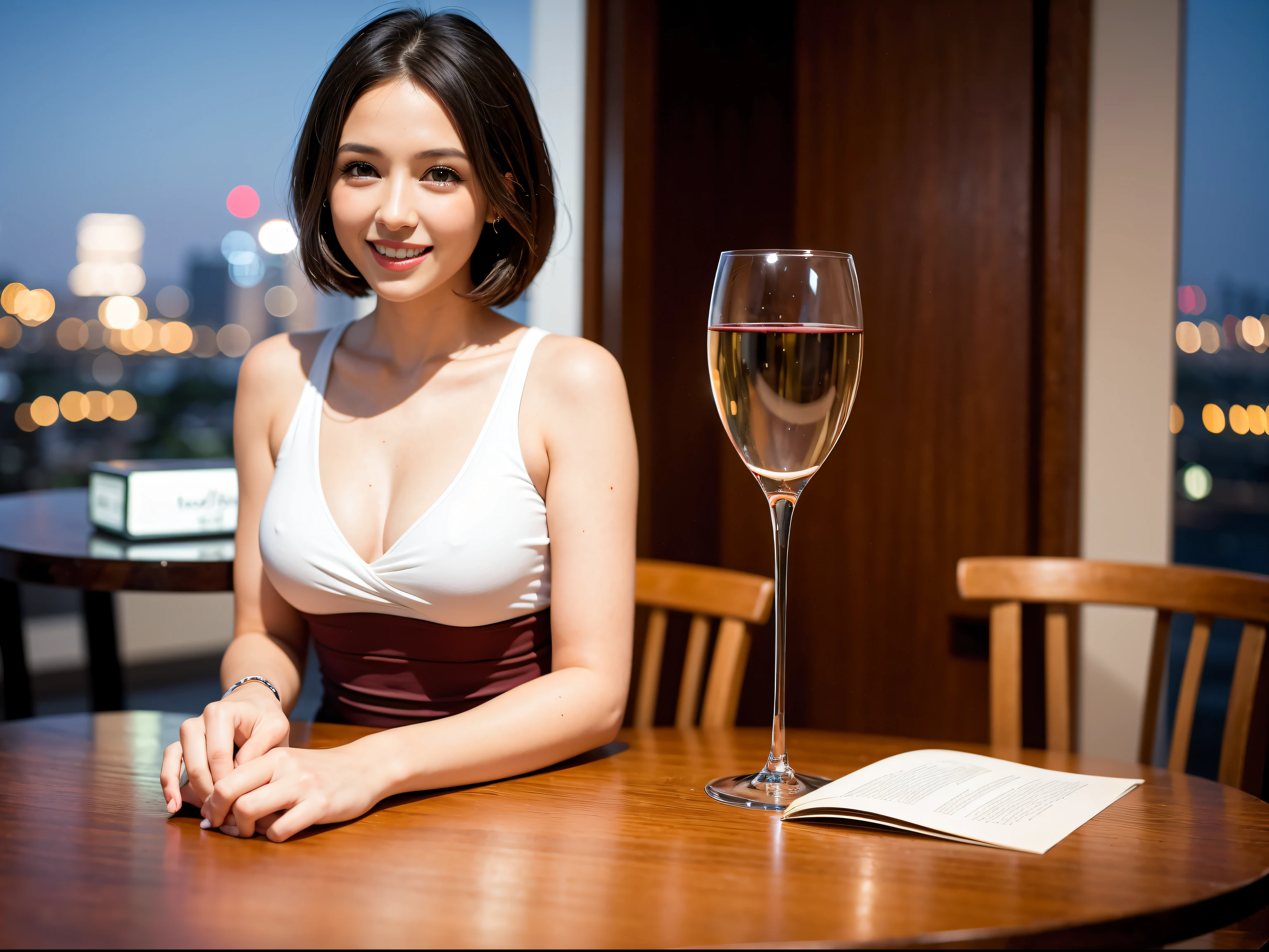 (64K, UHD, top quality, masterpiece: 1.2), (realistic, photorealistic: 1.37), super detailed, pretty woman 1 person, (slim face), (slim body), (brown hair), (short cut), cheeks slightly blushing, (35 years old), 38 years old, solo, beautiful detailed urban night view outside the window, restaurant, wine glasses sit, at night, in a prominent place (from the waist up) NovaFrogStyle, Actress, Model, Waist Up, White Wine, Slim, Wine Glass, Super Clean Night View, Wine Glass Put in the Middle, Happy Smile, (Smile: 1.15), Beautiful Fine Eyes, Upper Body, Bust Japan Up, Night, Short, Short, Actress, Model, Waist Up, White Wine, Slim, Wine Glass, Super Clean Night View, Wine Glass Put in the Middle, Happy Smile,