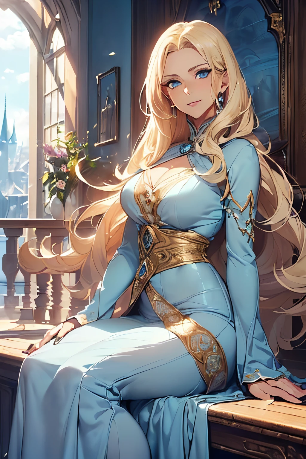 (((One mature woman around 40 years old, long blonde hair, light blue eyes, wearing a light blue long wizard dress with very long skirt, wind mage))), magical wind blowing around her, fantasy, anime, fantasy city, ((mature woman face)), (motherly figure), (five fingers hands), (masterpiece)