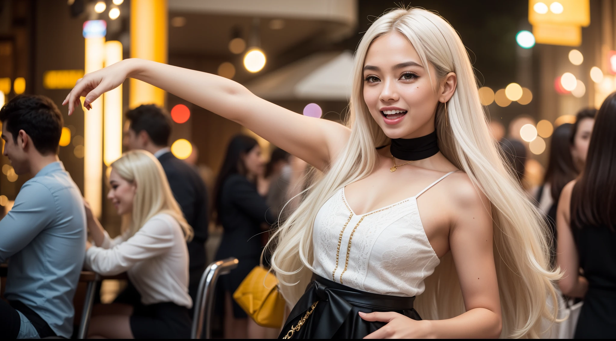 Malay girl, very long white hair,wear black Mini peplum Dress , laughing and posing with hand on head, touching her own hair, wear gold handbag, from back view, windy, detail skin, age spot, detail skin texture, mole below eyes, small breast, flat chest, wide hips, small waists, thick thighs, slim abs, beautiful petite body, nighttime, laughing, happy, cool ambient, crowded cafe, blur background, bokeh, cinematic lighting, Super 8mm lense, Extreme close-up, deep focus cinematography effect, Natural Lighting, pastel color grading, high quality, ultra detail, 8k resolution