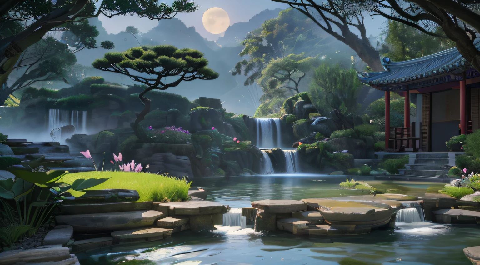 Ancient Chinese architecture, moon, dark night, garden, bamboo, lake, stone bridge, rockery, arch, corner, tree, running water, landscape, outdoor, waterfall, grass, rock, water lily, hot spring, water vapor, (Illustration: 1.0 ), epic composition, realistic lighting, HD details, masterpiece, best quality, (very detailed CG unity 8k wallpapers) --v 6